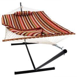 Sunnydaze - Large Rope Hammock with Steel Stand and Pad/Pillow - Tropical Orange