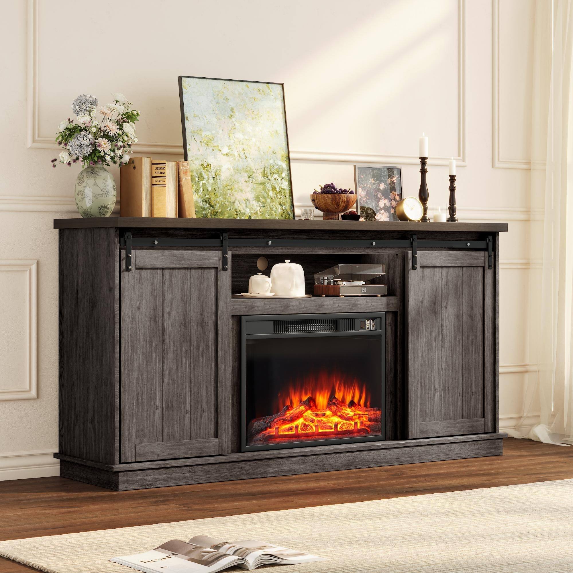 Alt View 5. U-HOMY - 63" Farmhouse Fireplace TV Stand with Sliding Barn Doors, Adjustable Shelves and Electric Heater for TVs up to 65" - Teak.