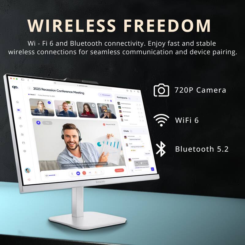 **WIRELESS FREEDOM**

Wi-Fi 6 and Bluetooth connectivity. Enjoy fast and stable wireless connections for seamless communication and device pairing.

- 2023 Recession Conference Meeting
- 720P Camera
- WiFi 6
- Bluetooth 5.2

Lenovo