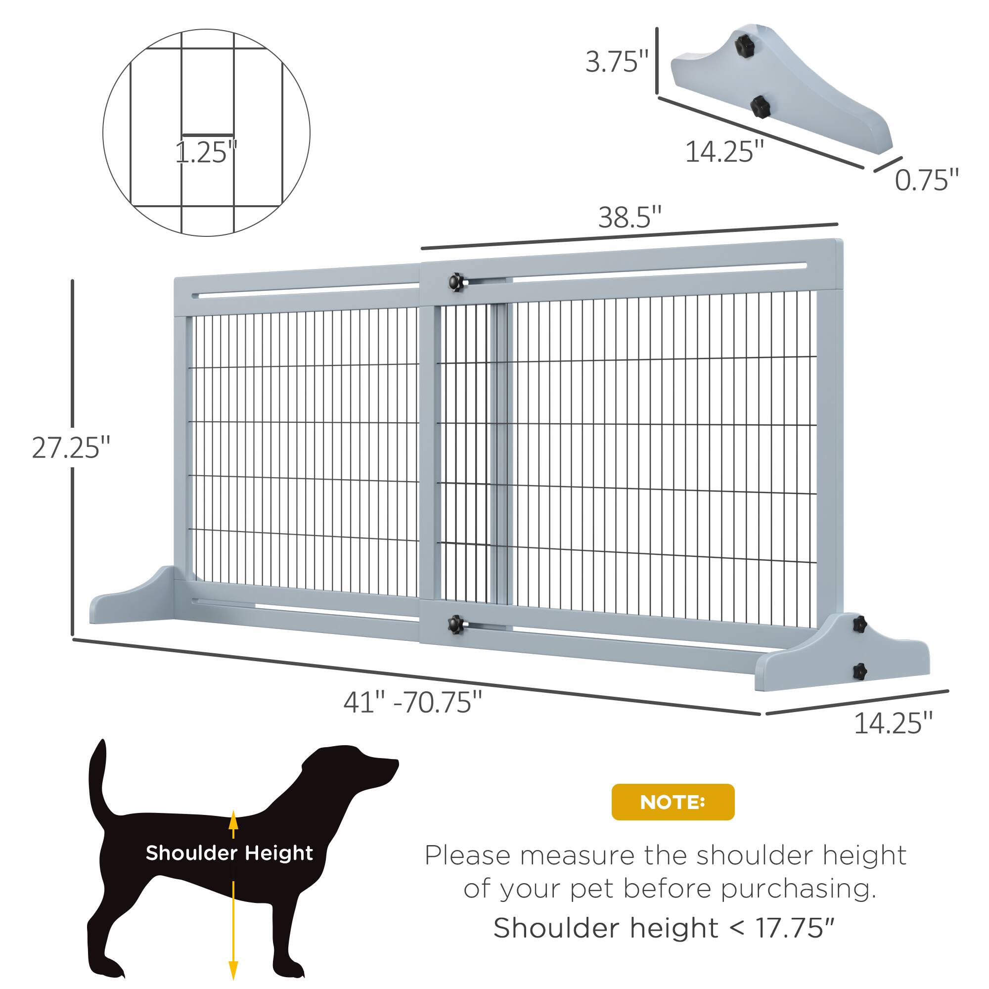 3.75"  
1.25"  
14.25"  
38.5"  
0.75"  
27.25"  
41" - 70.75"  
14.25"  

NOTE: Please measure the shoulder height of your pet before purchasing. Shoulder height < 17.75"