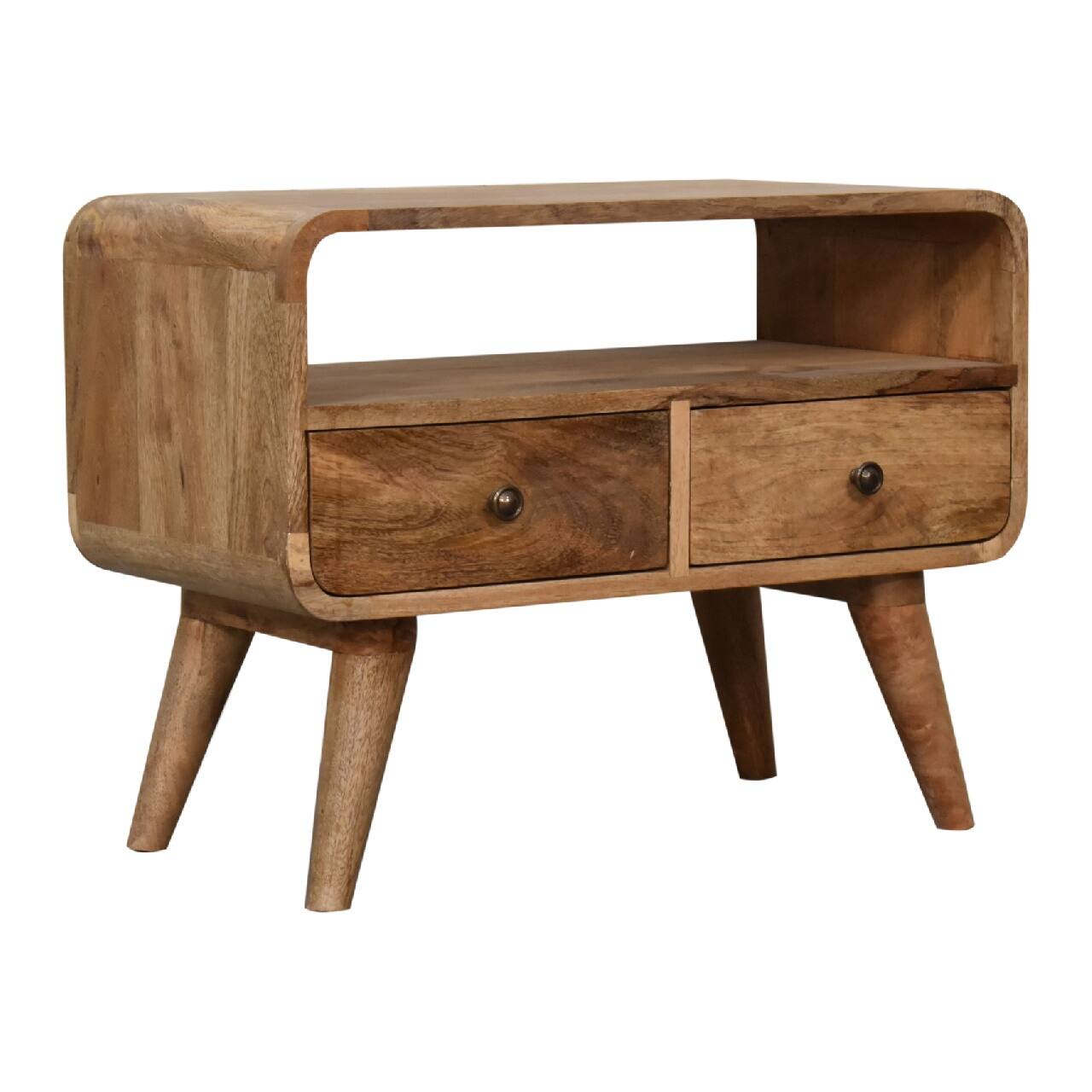 Left. Artisan Furniture - Artisan Furniture Solid Wood Mini Curved Oak-ish Media Unit, 2 Drawers, 1 Shelf, Brown - Beige.
