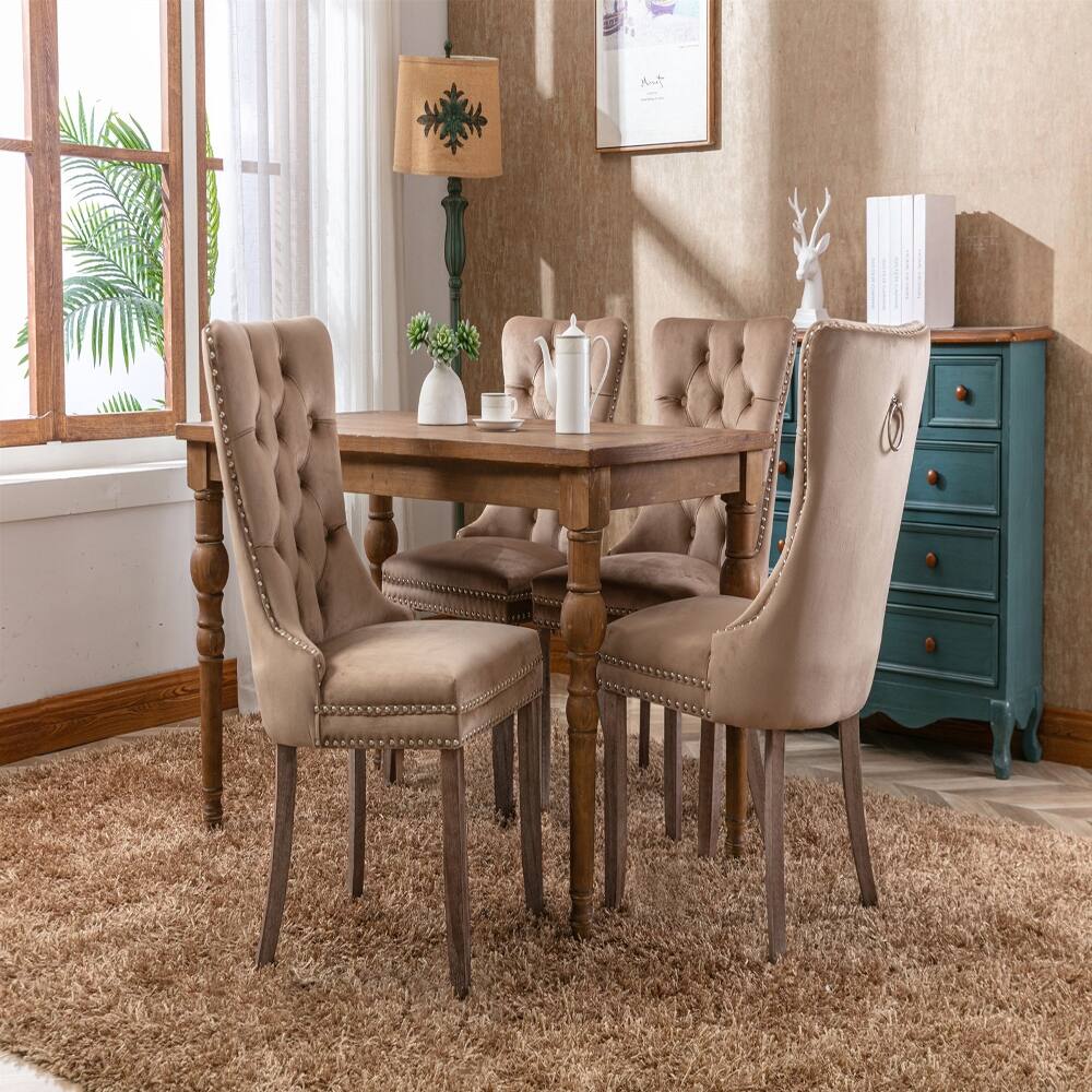 Alt View 9. Loheer - Loheer Khaki Velvet Dining Chairs Set of 2 Tufted Solid Wood Nailhead Trim - Khaki.