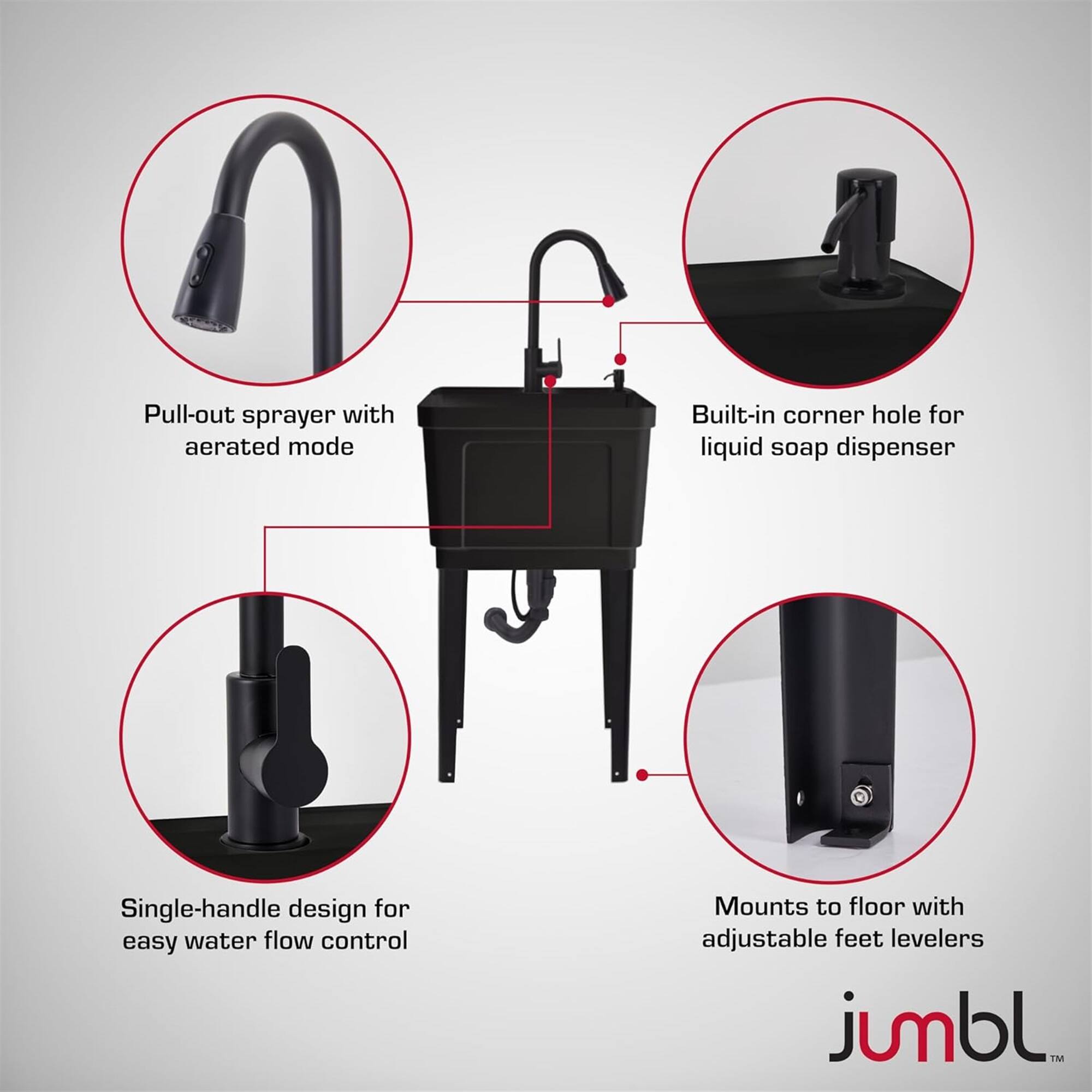 Pull-out sprayer with aerated mode  
Built-in corner hole for liquid soap dispenser  
Single-handle design for easy water flow control  
Mounts to floor with adjustable feet levelers