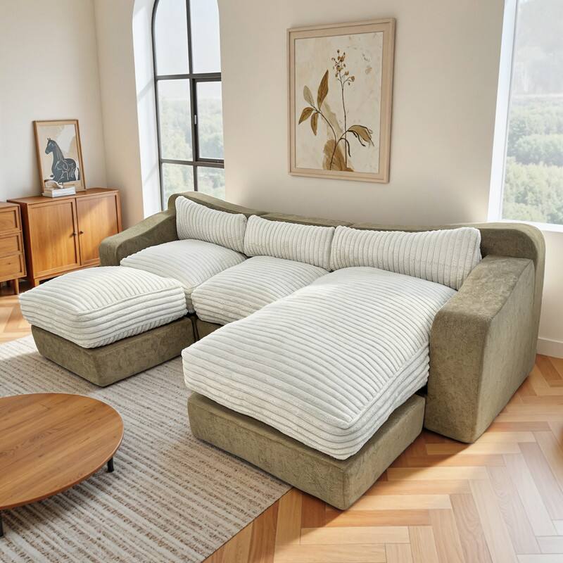 Front. wowmax - 122'' U-Shaped Modular Cloud Sofa Set, 4-Seat Corduroy Sectional with Ottoman - Beige - Beige.