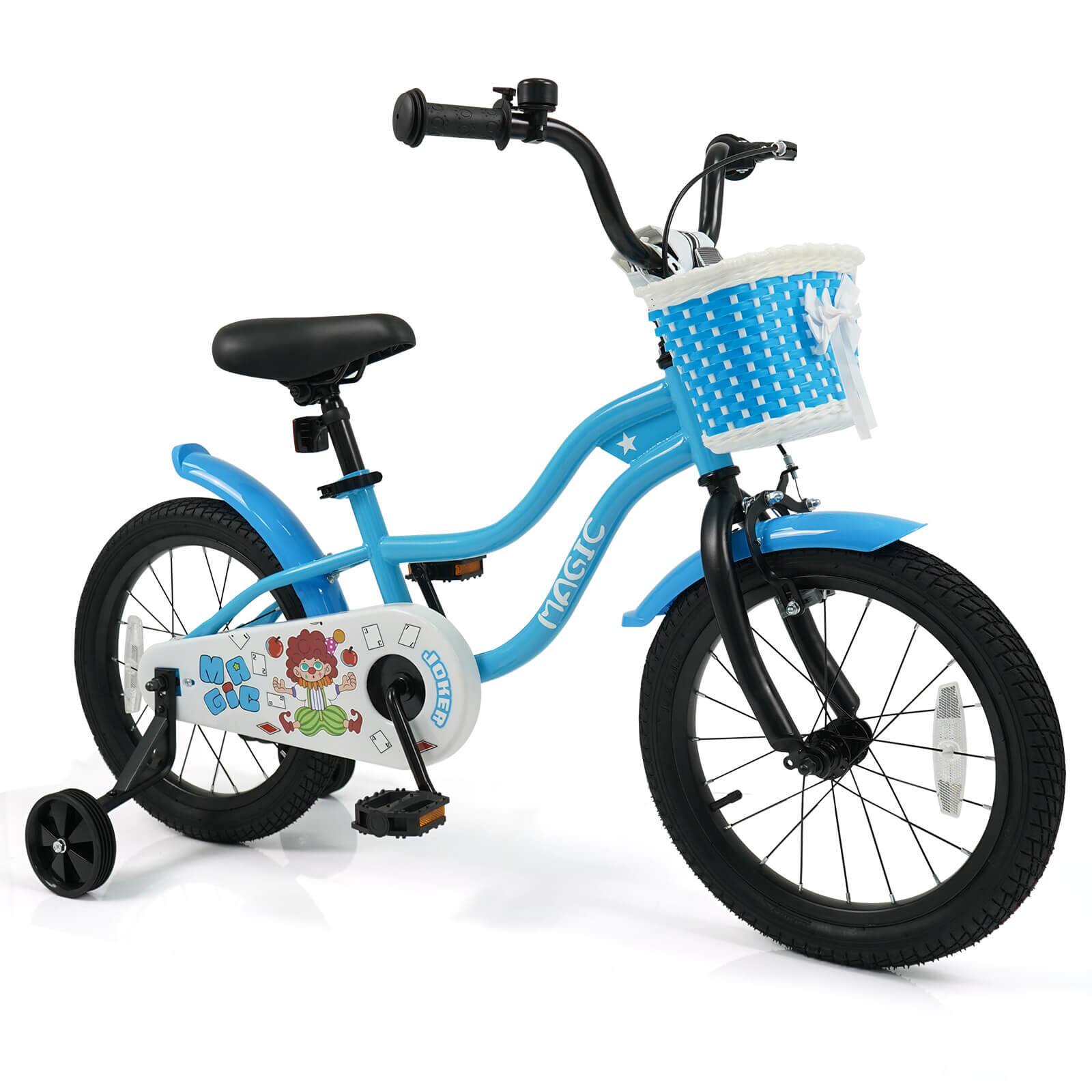 Costway - 16" Kids Bike with Training Wheels, Basket, Hand & Coaster Brakes, Adjustable Seat - Navy