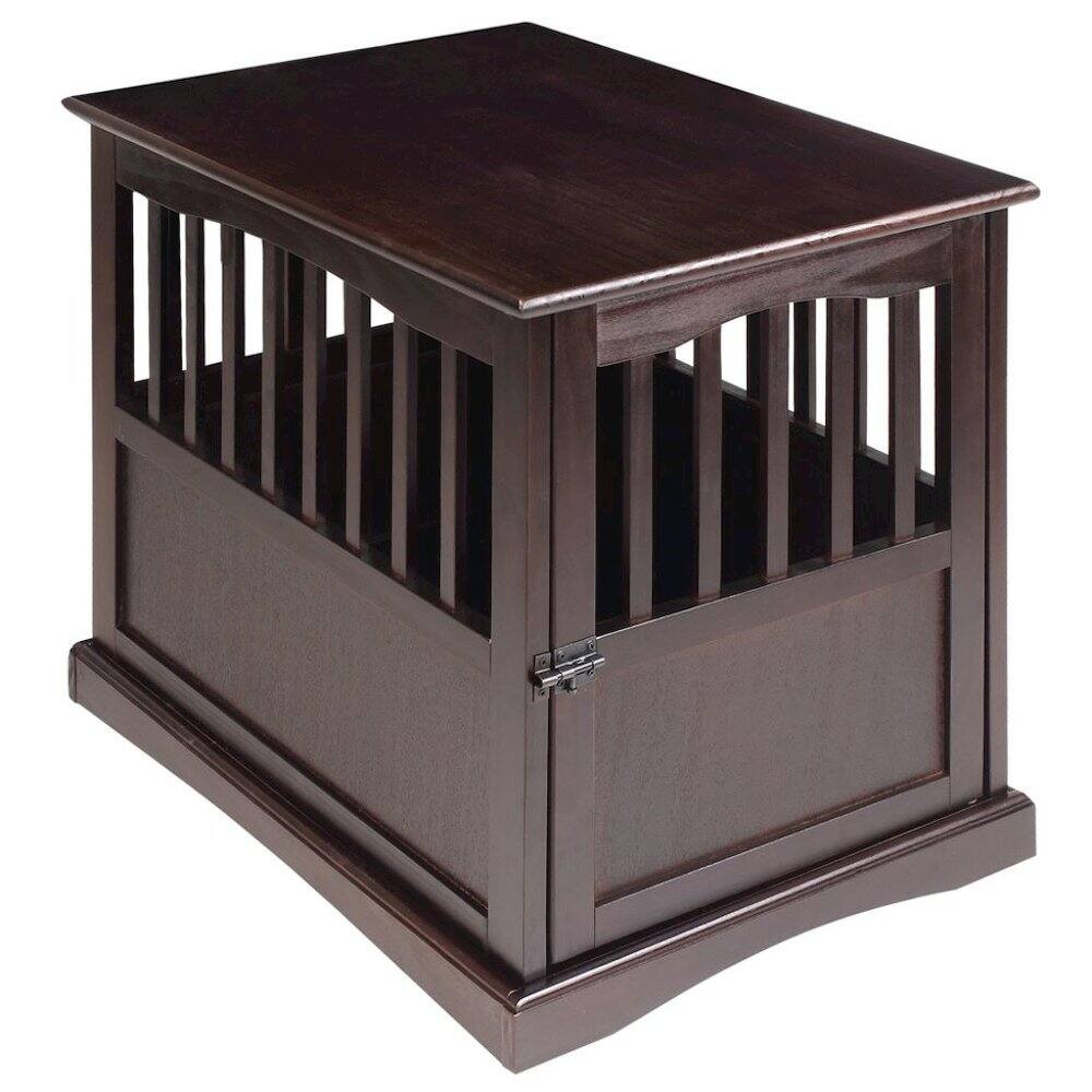 Back. FurniFact - Brown Dog Kennel Furniture with Gate, Solid Wood Dog Crate End Table - Espresso.