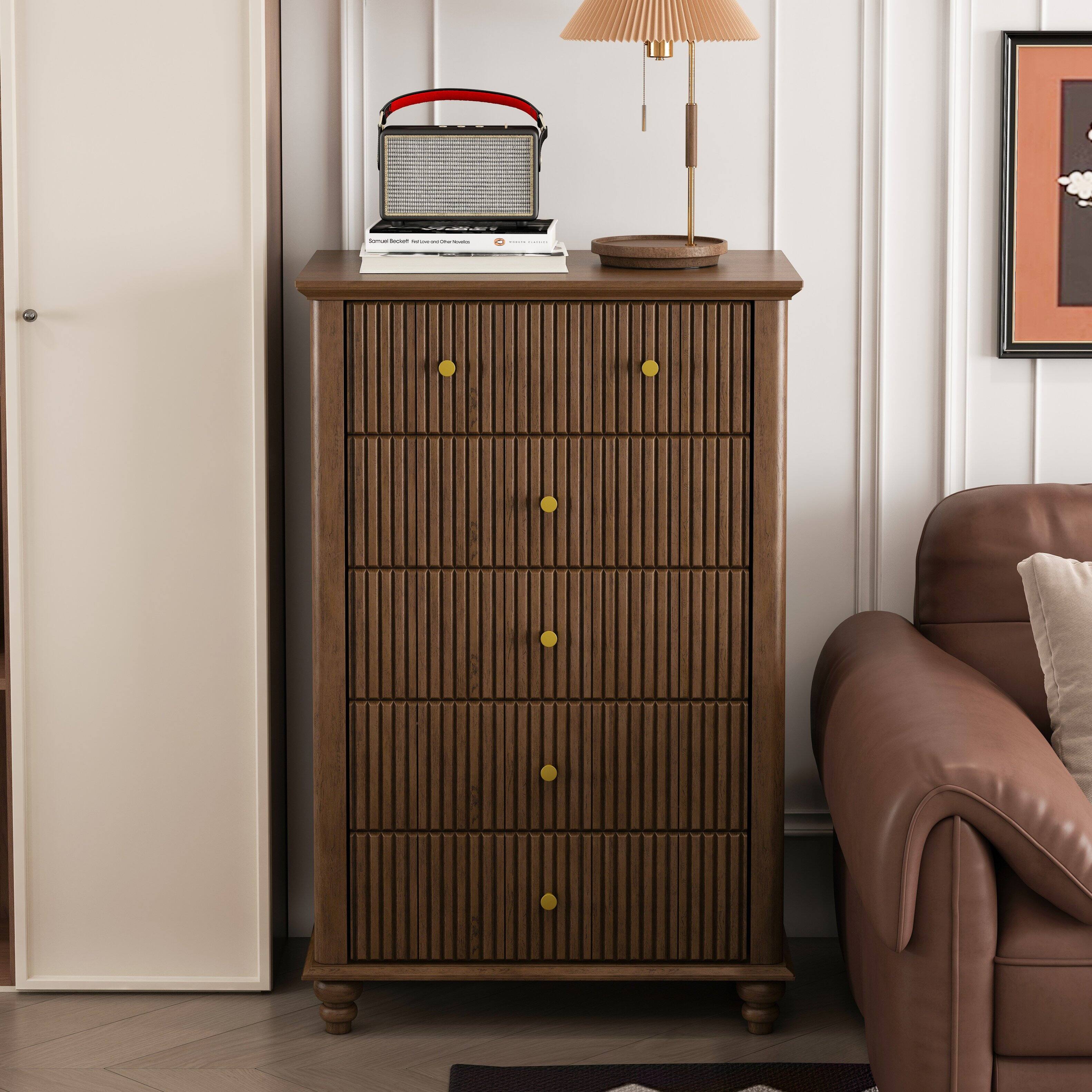 Back. TinyHomie - Fluted 5 Drawer Dresser 45 Inch Tall Modern Chest of Drawers Bedroom Dresser with Metal Handle Wooden Drawer Organizer - Walnut.