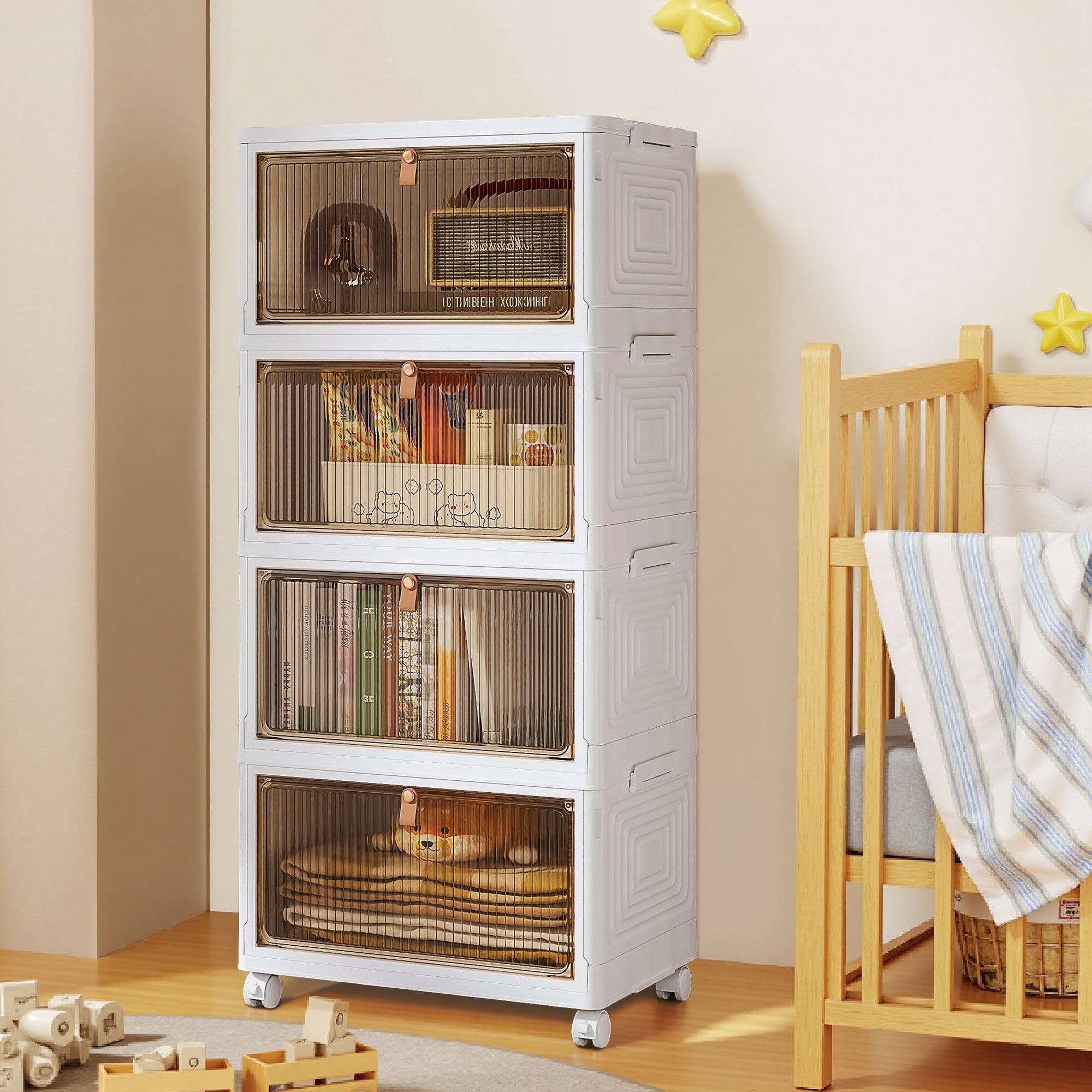 Alt View 4. Vecelo - 4-Tier Stackable Storage Cabinet with Wheels-69Qt Large Capacity Foldable Organizer Bins, Space-Saving Plastic Shelves - White.