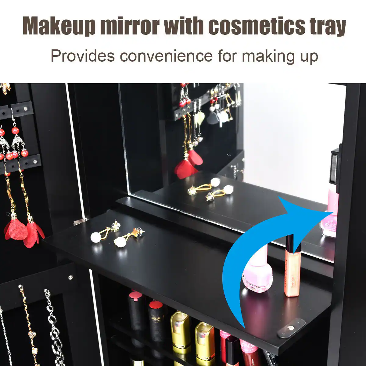 Makeup mirror with cosmetics tray Provides convenience for making up.