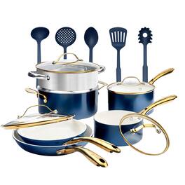 Gotham Steel - 15-Piece Ultra Nonstick Ceramic Cookware Set with Utensils - Navy