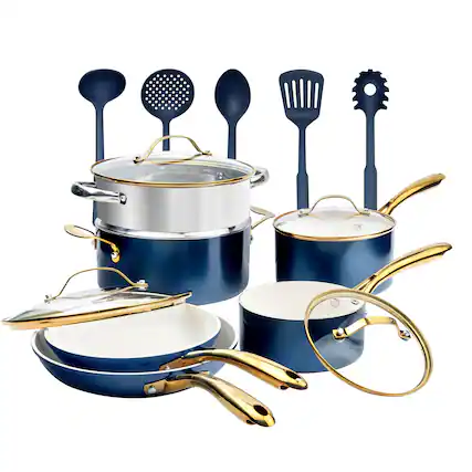 Front. Gotham Steel - Gotham Steel Navy 15-Piece Ultra Nonstick Ceramic Cookware Set with Utensils - Navy.