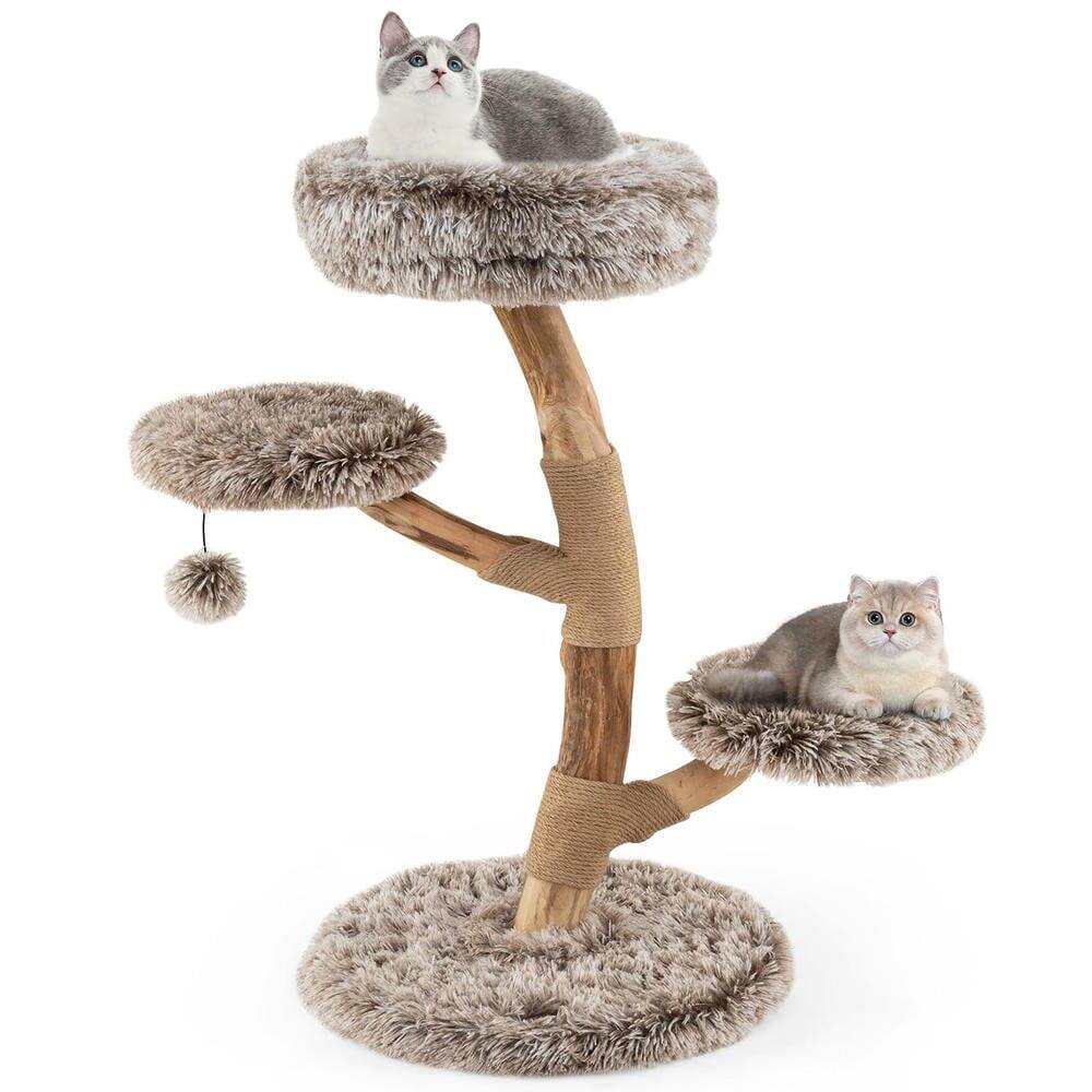 Alt View 4. Kadyn - Solid Pear Wood Cat Tree with Perch and Natural Jute Scratching Posts, Brown - Brown.