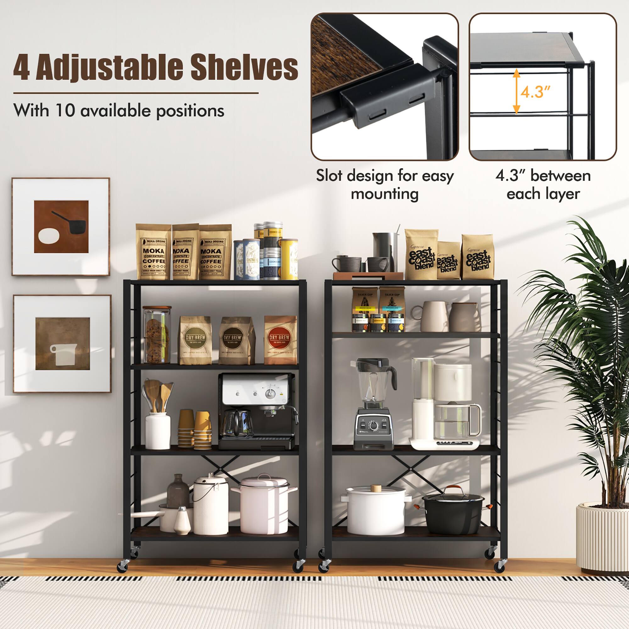 Alt View 1. Gymax - Gymax 2 PCS 4-tier Foldable Storage Shelf w/ Lockable Wheels Home Shelving Unit for Tool Room - Black, Rustic Brown.
