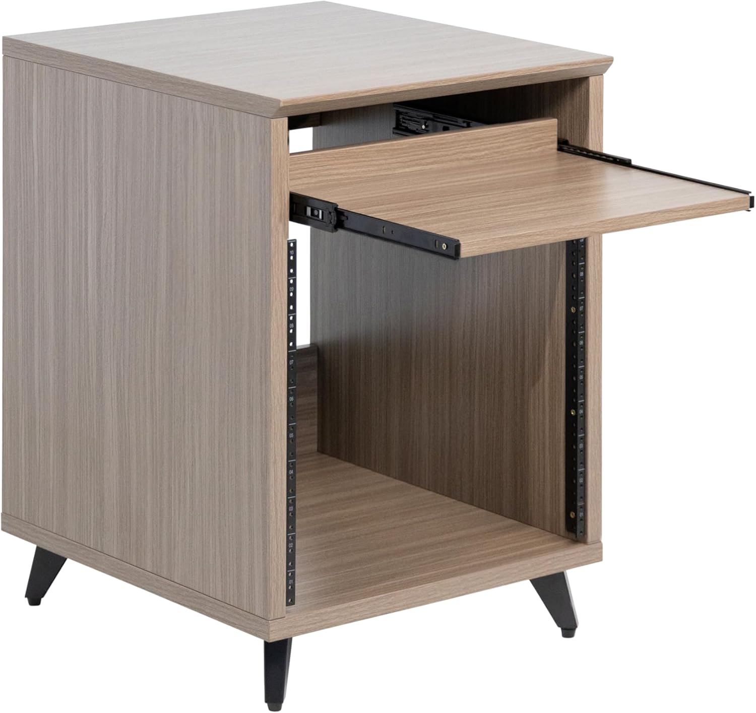 Angle. Gator Frameworks - Elite Furniture Series 10U Studio Rack Table in Driftwood Grey with Slide-Out Tray - Driftwood Grey Finish.
