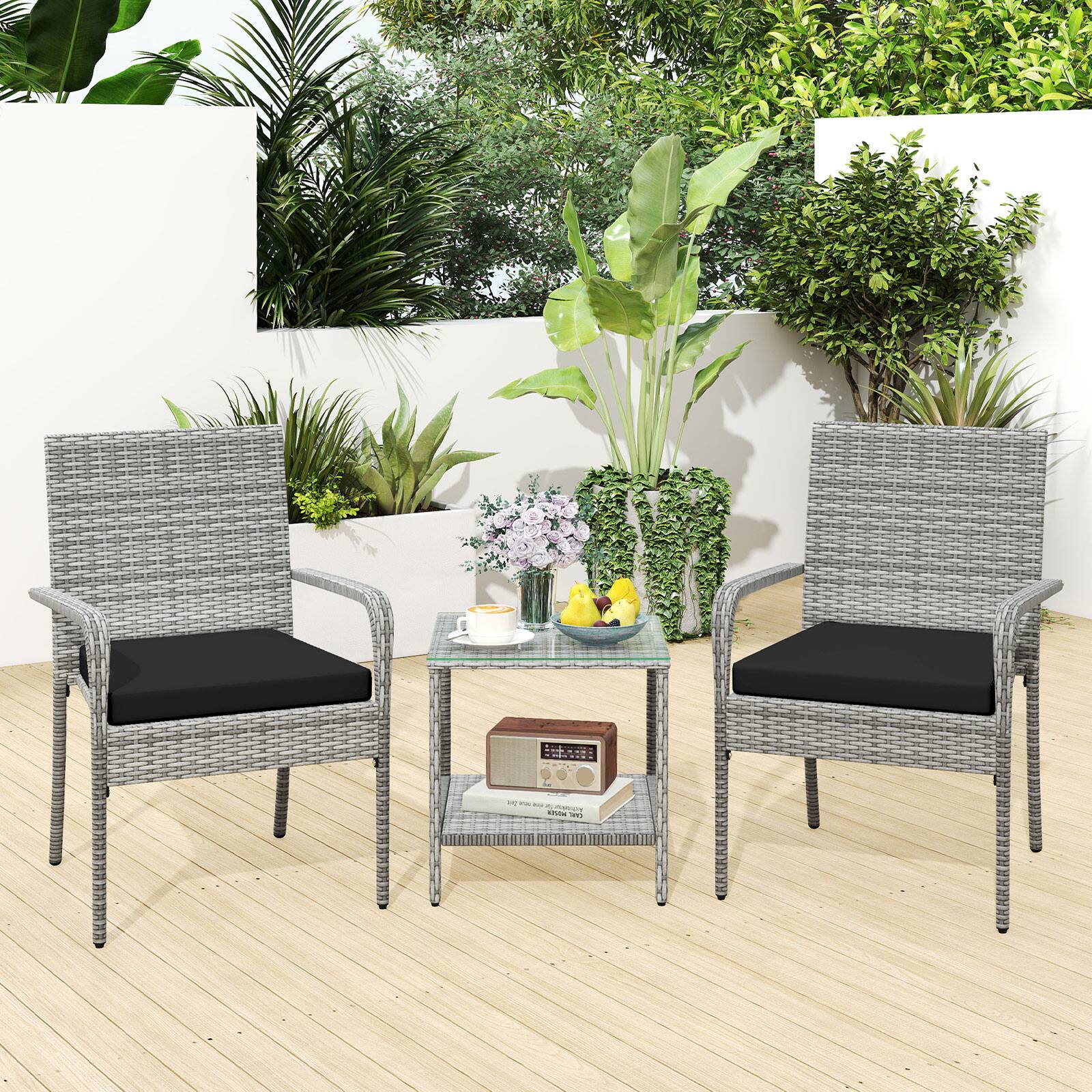Alt View 3. Gymax - Gymax 3 Pieces Patio Furniture Set PE Rattan Porch Chairs w/ 2-Tier Table Black - Black.