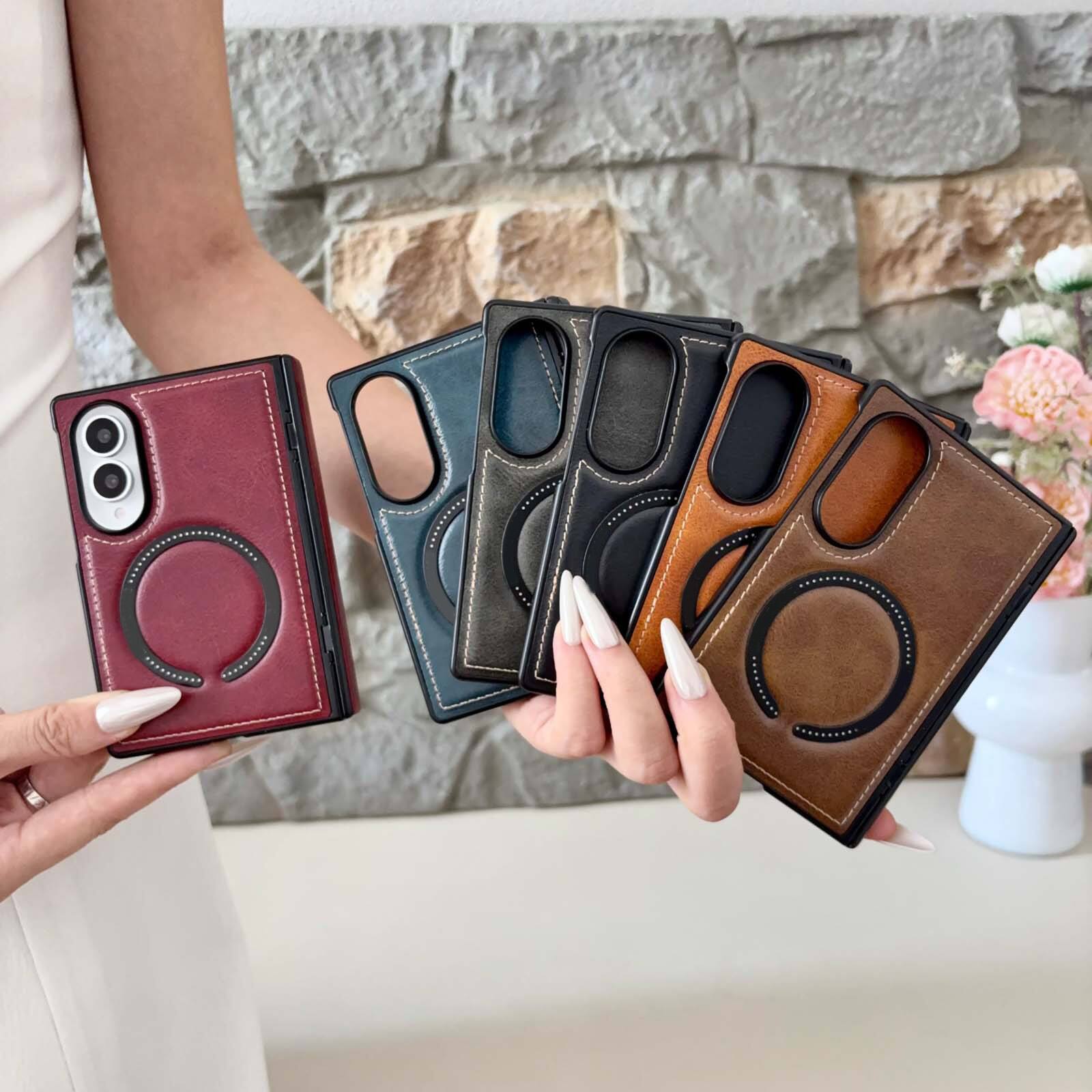 Alt View 2. Dteck - Shockproof Magnetic Phone Case for Samsung Galaxy Z Fold8, Rigid Plastic Faux Leather Hinge Cover, Raised Lip Protection - Black.