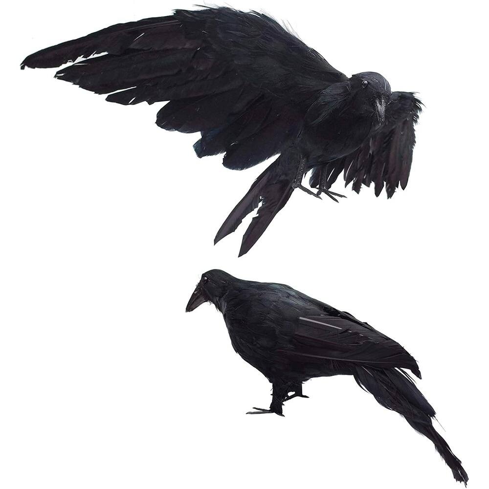 Front. RTMB - 2-Pack Lifesize Black Feathered Crows (13" & 12") for Halloween Decorations - Black.