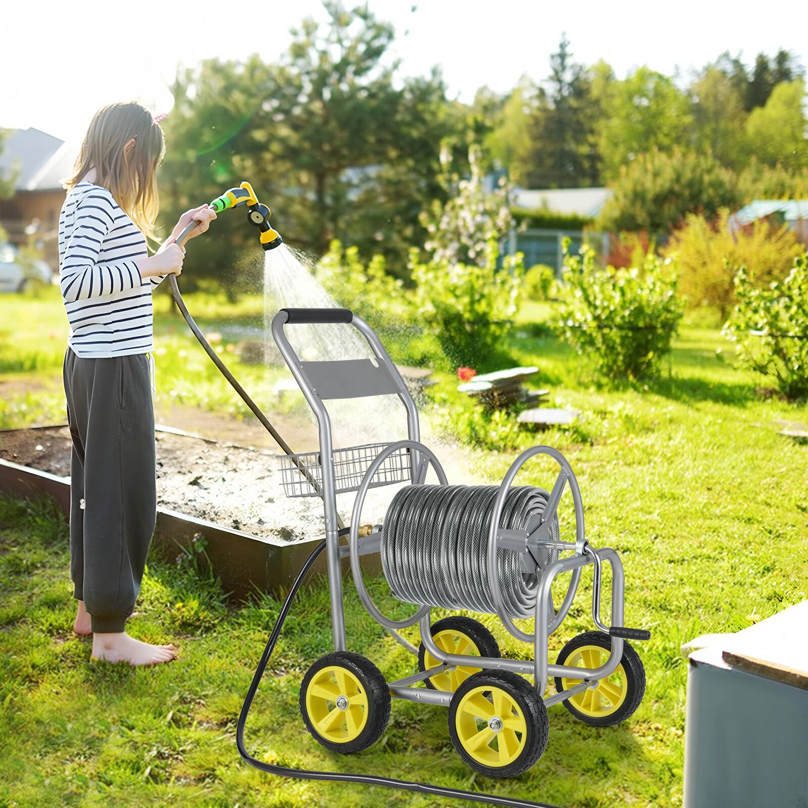 Alt View 1. Gymax - Gymax Garden Hose Reel Cart 300 FT of 5/8'' Large Capacity Heavy-Duty Metal Hose Cart Silver - Sliver.