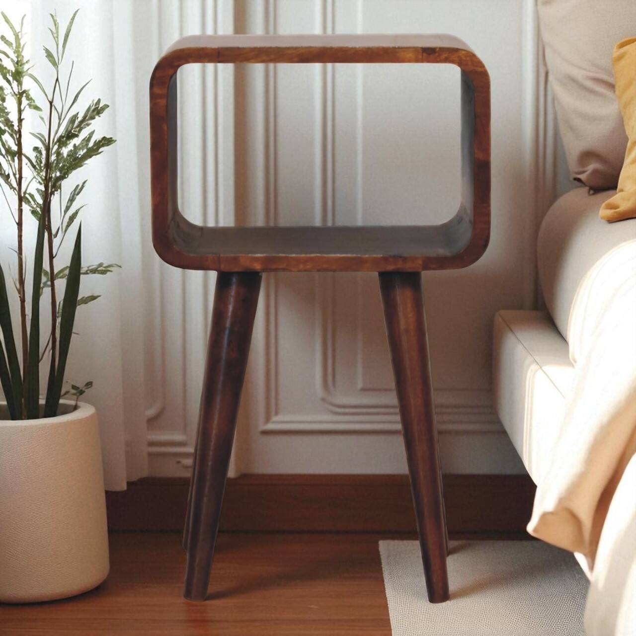 Angle. Artisan Furniture - Artisan Furniture Solid Wood Mini Chestnut Curved Open Nightstand, Nordic Legs, Dark Brown - Chestnut.