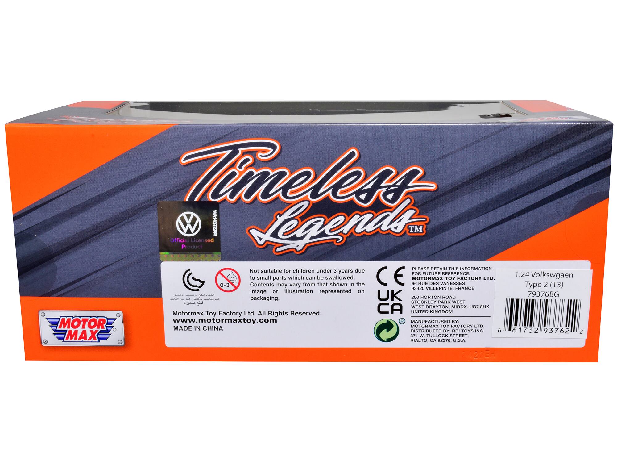 Timeless Legends™ Official Licensed Product

PLEASE RETAIN THIS INFORMATION

Not suitable for children under 3 years due to small parts which can be swallowed. Contents may vary from that shown in the image or illustration represented on packaging.

1:24 Volkswagen "Type 2 (T3)"

MOTORMAX TOY FACTORY LTD. All Rights Reserved. www.motormaxtoy.com

MADE IN CHINA

DISTRIBUTED BY: RHI TOYS INC.
2 MAX 37 HIALTO W. TULLOCK ST. CA 92376 U.S.A.

66 RUE DES VANESSES
93420 VILLEPINTE FRANCE

STOCKLEY PARK WEST
WEST DRAYTON, MIDDX. UB8 7HX
UNITED KINGDOM