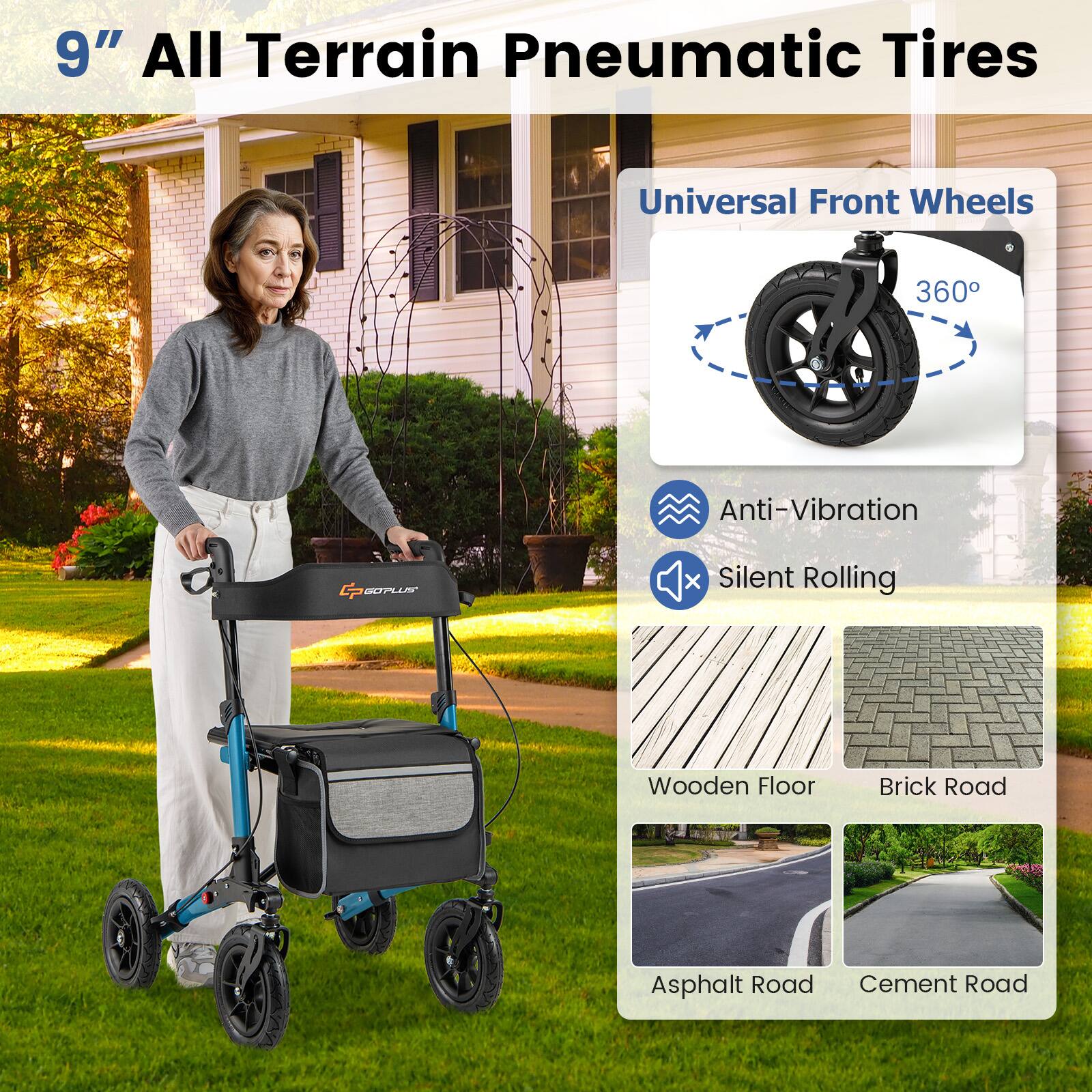 9" All Terrain Pneumatic Tires, Universal Front Wheels 360°, Anti-Vibration, Silent Rolling, Wooden Floor, Brick Road, Asphalt Road, Cement Road