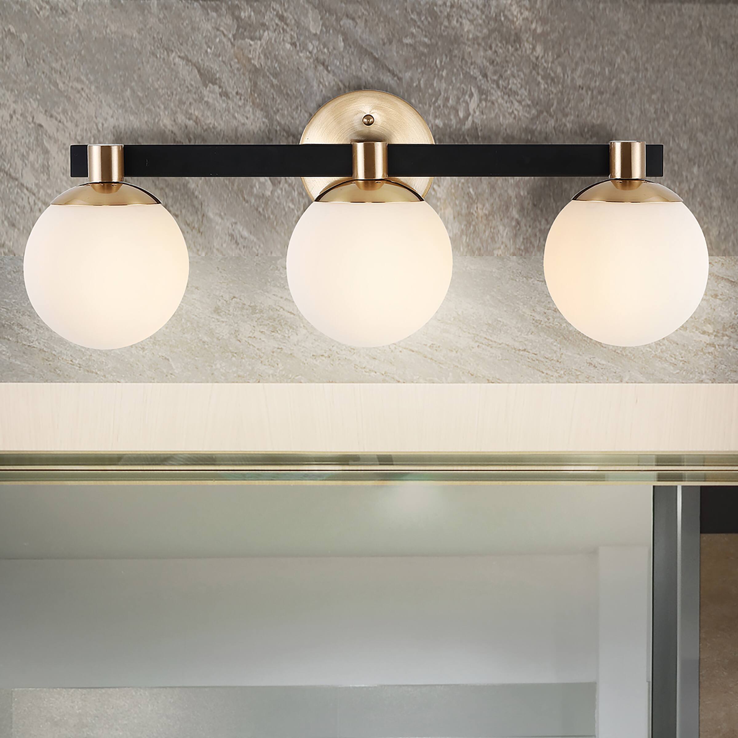 Alt View 1. Jonathan Y - Modernist Globe 24" 3-Light Metal/Frosted Glass Modern Contemporary LED Vanity, Brass Gold/Black - Brass Gold/Black.