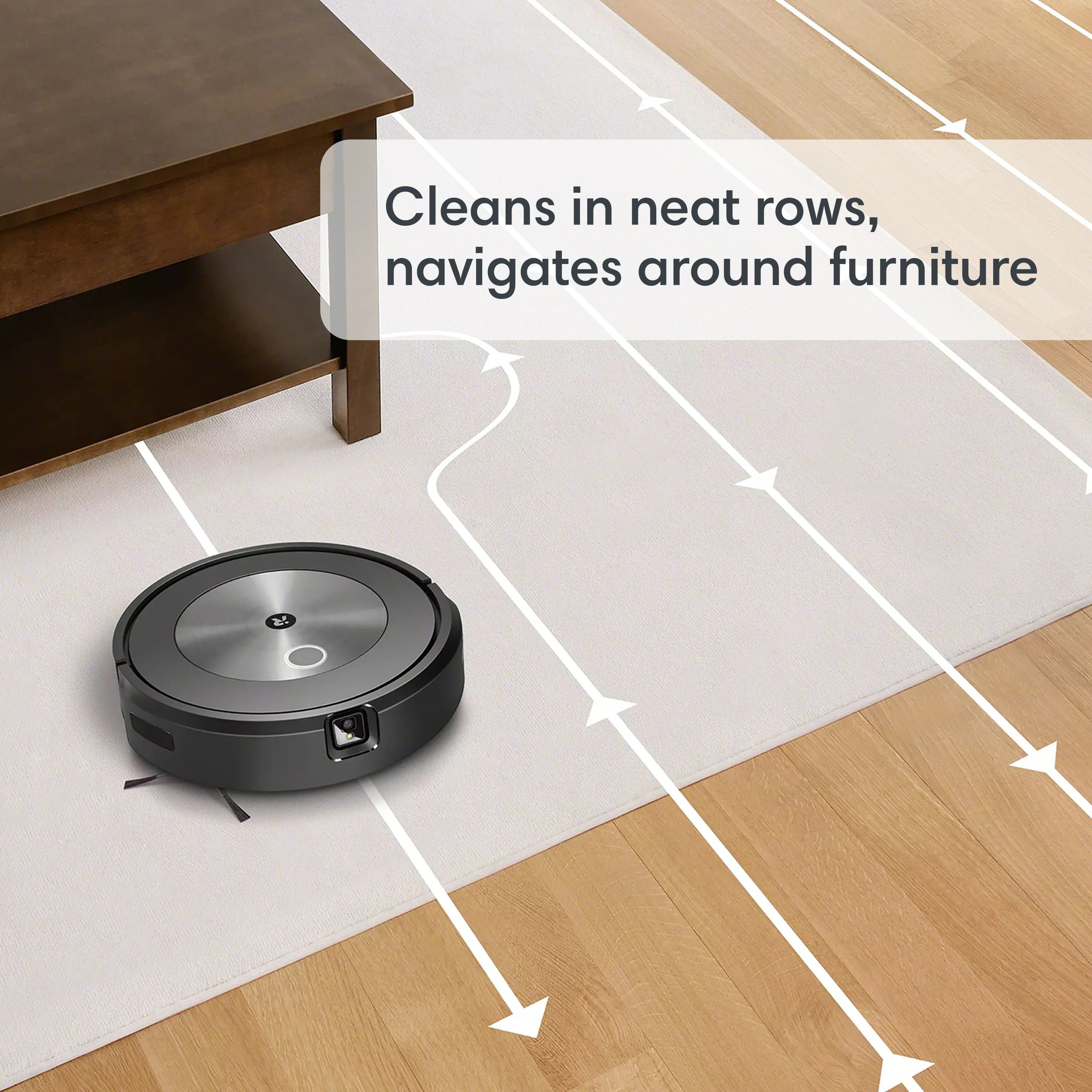 Cleans in neat rows, navigates around furniture to clean the floor.