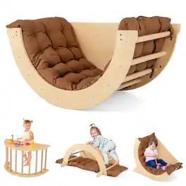 Gymax - 6 in 1 Climbing Arch Wooden Rocker Arch Climbing Toy w/ Removable Cushion - Coffee