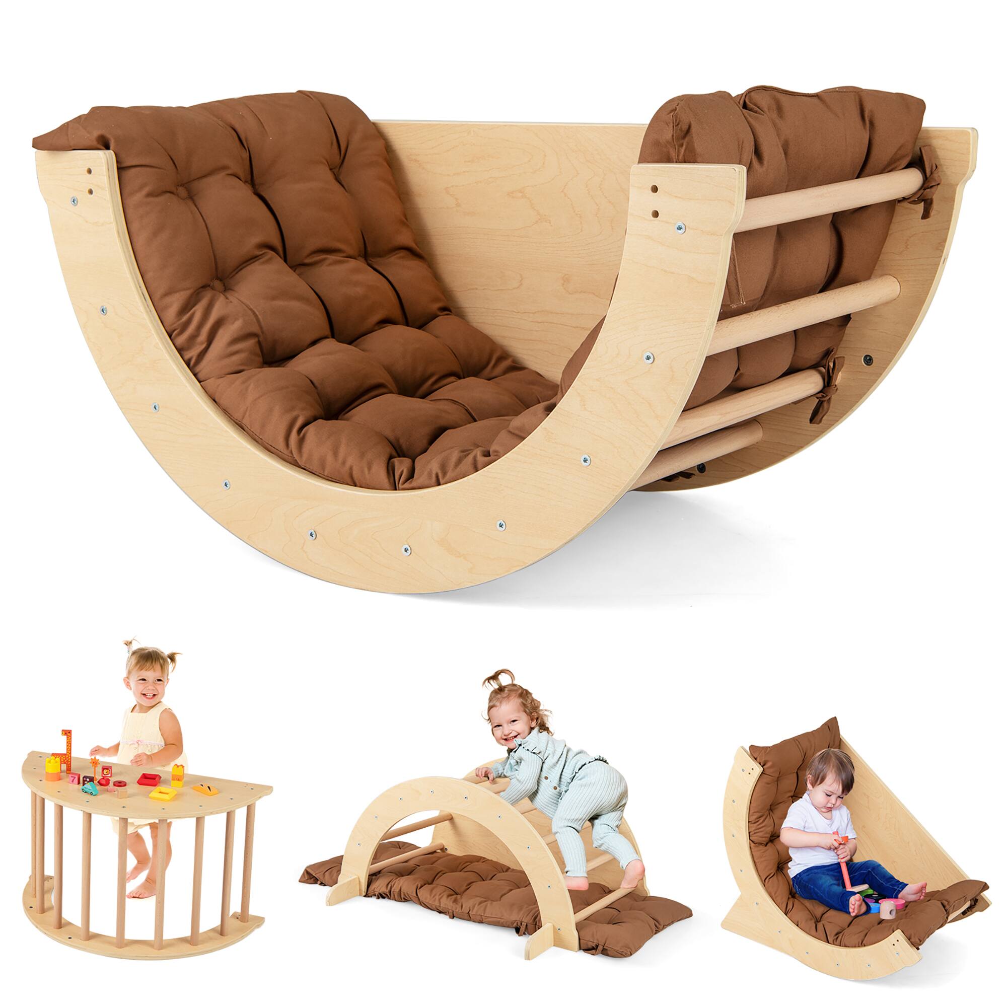 Gymax - 6 in 1 Climbing Arch Wooden Rocker Arch Climbing Toy w/ Removable Cushion - Coffee