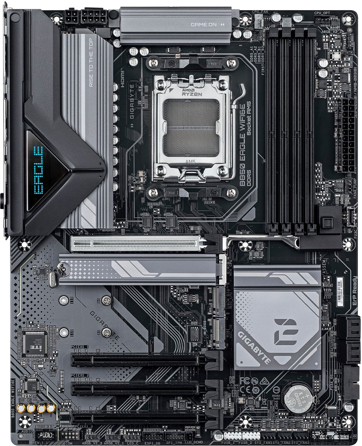The image features a computer motherboard with various components, including a CPU, RAM, and a graphics card. The motherboard is made by Gigabyte, and it is designed for the AMD Ryzen processor. The RAM is DDR4, and the graphics card is an NVIDIA GeForce GTX 1080. The motherboard also has a built-in Wi-Fi adapter, and it is compatible with the Socket AM4. The image showcases the back and front of the motherboard, highlighting its features and components.