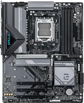 The image features a computer motherboard with various components, including a CPU, RAM, and a graphics card. The motherboard is made by Gigabyte, and it is designed for the AMD Ryzen processor. The RAM is DDR4, and the graphics card is an NVIDIA GeForce GTX 1080. The motherboard also has a built-in Wi-Fi adapter, and it is compatible with the Socket AM4. The image showcases the back and front of the motherboard, highlighting its features and components.