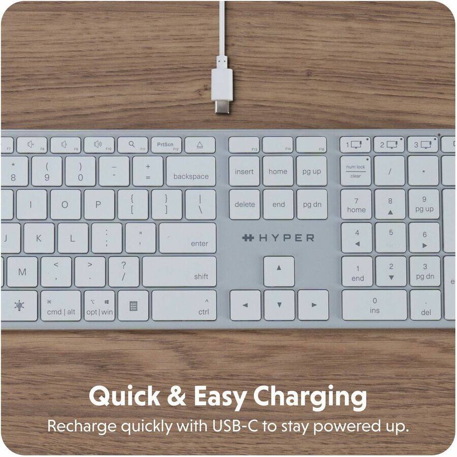 F7 F8 F9 F10 d1 PrtScn Q W E R T Y U I O P [ ] \ backspace insert home pg up num lock clear / 7 8 9 0 - = delete end pg dn J K L ; ' enter HYPER 4 5 6 M , . / shift 1 2 3 end pg dn 0 ins del cmd alt opt win ctrl Quick & Easy Charging Recharge quickly with USB-C to stay powered up.