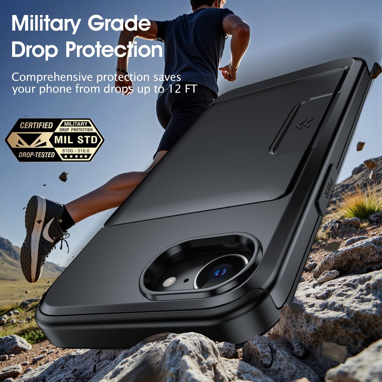 Military Grade Drop Protection  
Comprehensive protection saves your phone from drops up to 12 FT  

CERTIFIED MILITARY DROP PROTECTION  
MIL STD 810G-516.6 DROP-TESTED