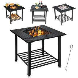 SKONYON - Outdoor Fire Pit Table with Cooking Grate Spark Screen Lid and Heavy Duty Steel Construction