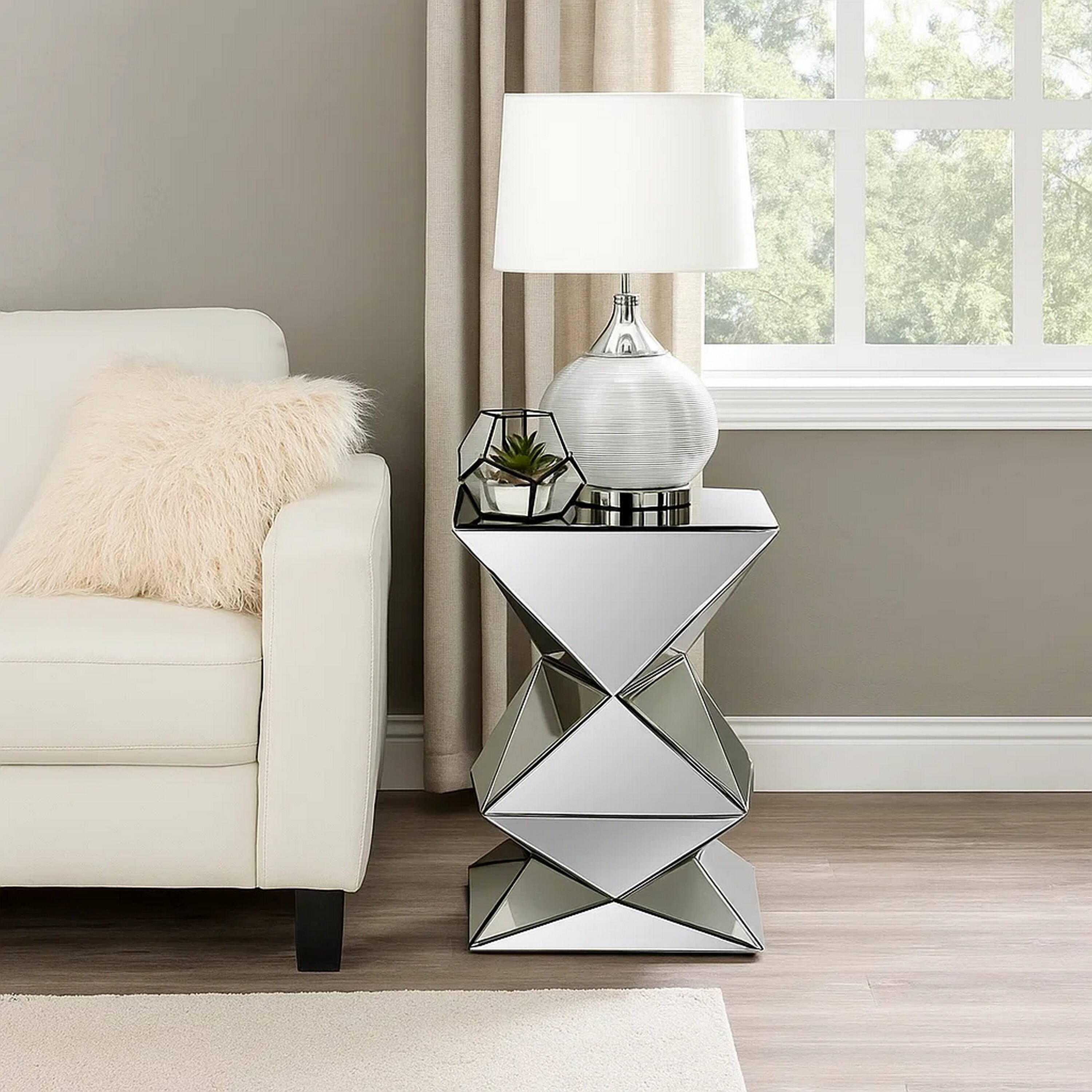 Alt View 5. Manhattan Lane - 20 Inch Modern End Table, Square Mirror Top, Silver Geometric Pedestal Base - Silver.