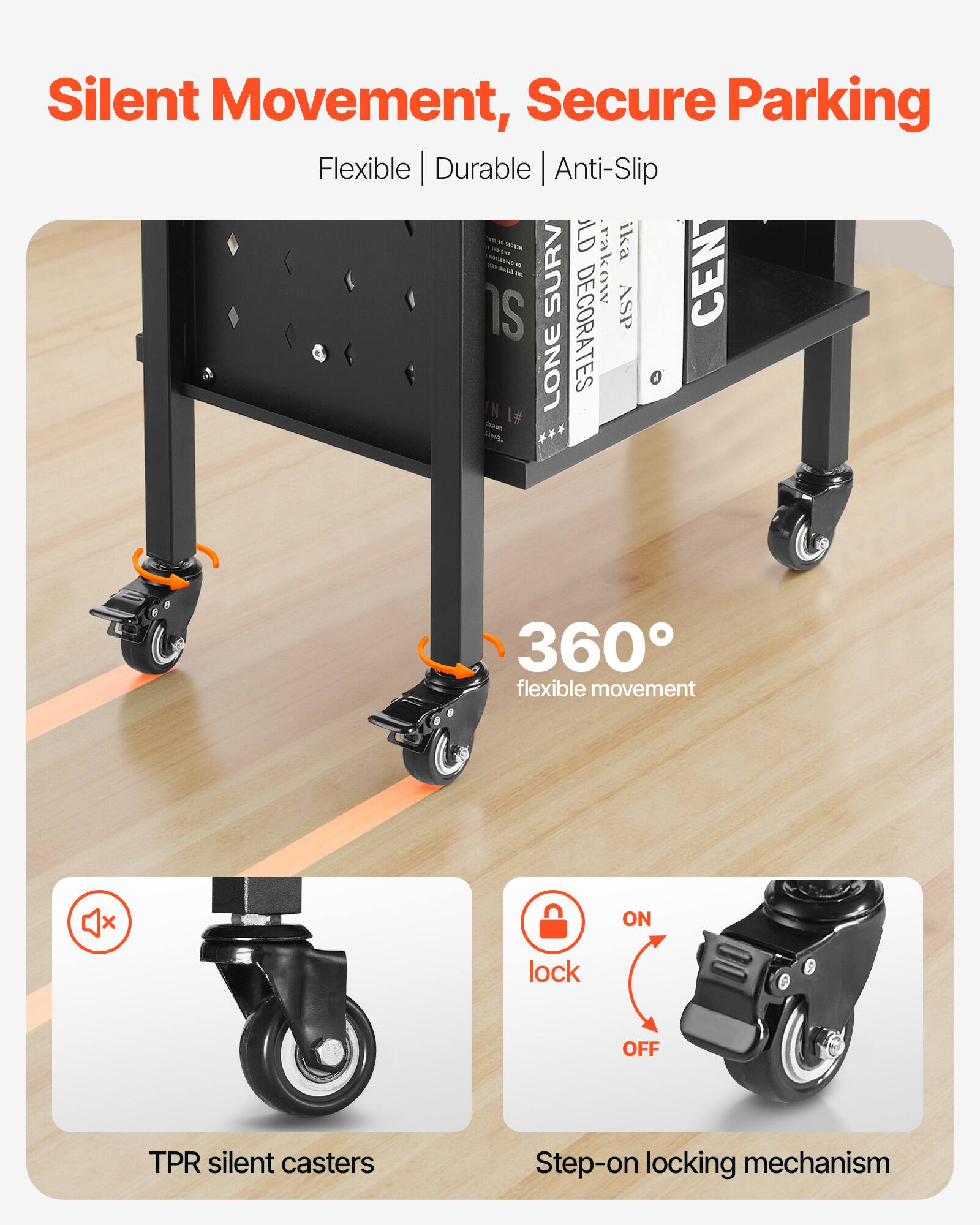 Silent Movement, Secure Parking  
Flexible | Durable | Anti-Slip  

360° flexible movement  

TPR silent casters  

Step-on locking mechanism  
ON  
lock  
OFF