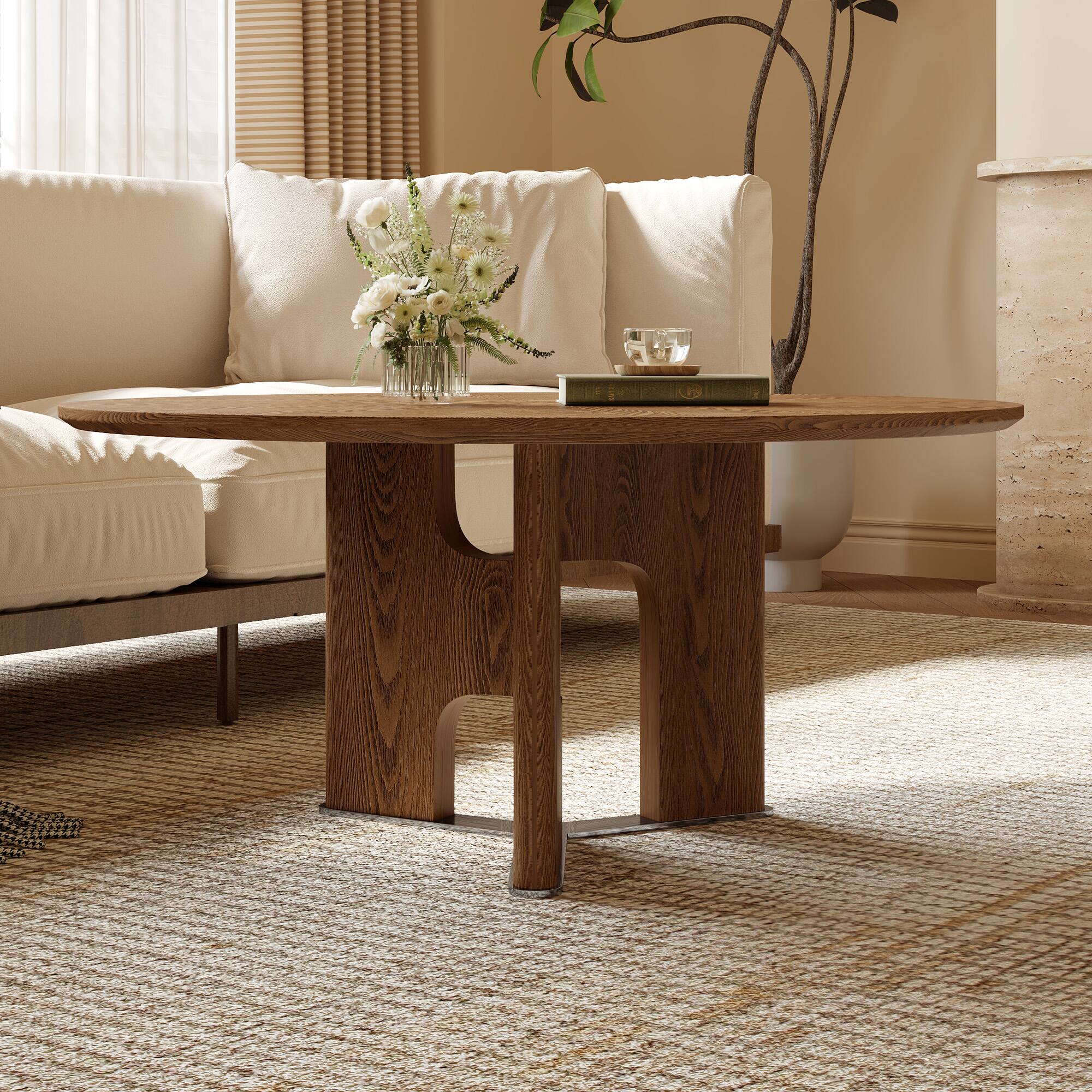 Front. Lirago - Round Walnut Finish Ash Wood Coffee Table for Small Spaces 15.3"H x 31.5"W - Walnut.