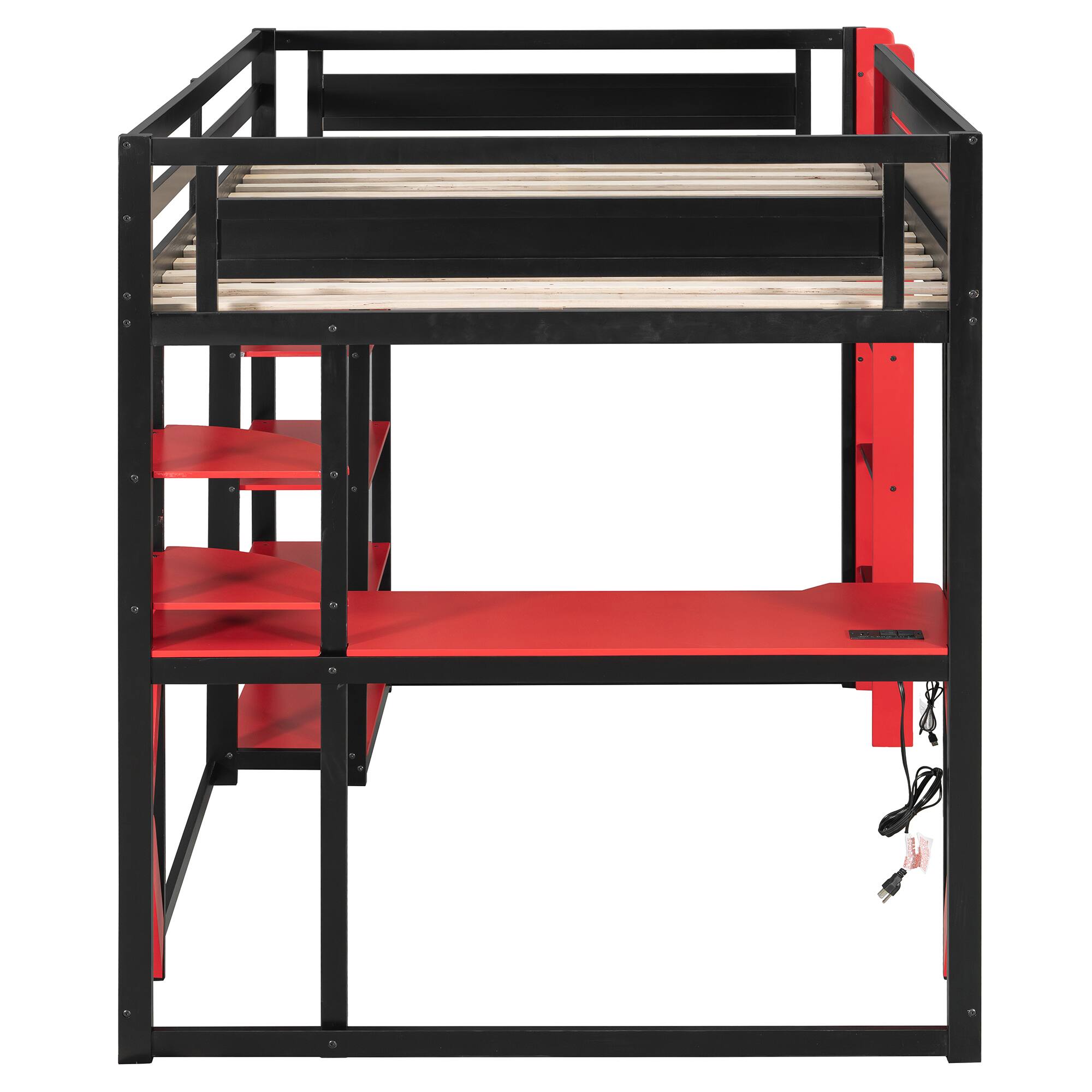 Alt View 2. Anysun - Full Size Wood Loft Bed with Desk, Shelves, Power Outlet & USB/Type-C Ports, , and RGB Light - Red.