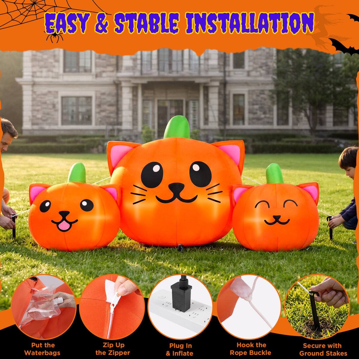 EASY & STABLE INSTALLATION

1. Put the Waterbags
2. Zip Up the Zipper
3. Plug In & Inflate
4. Hook the Rope Buckle
5. Secure with Ground Stakes