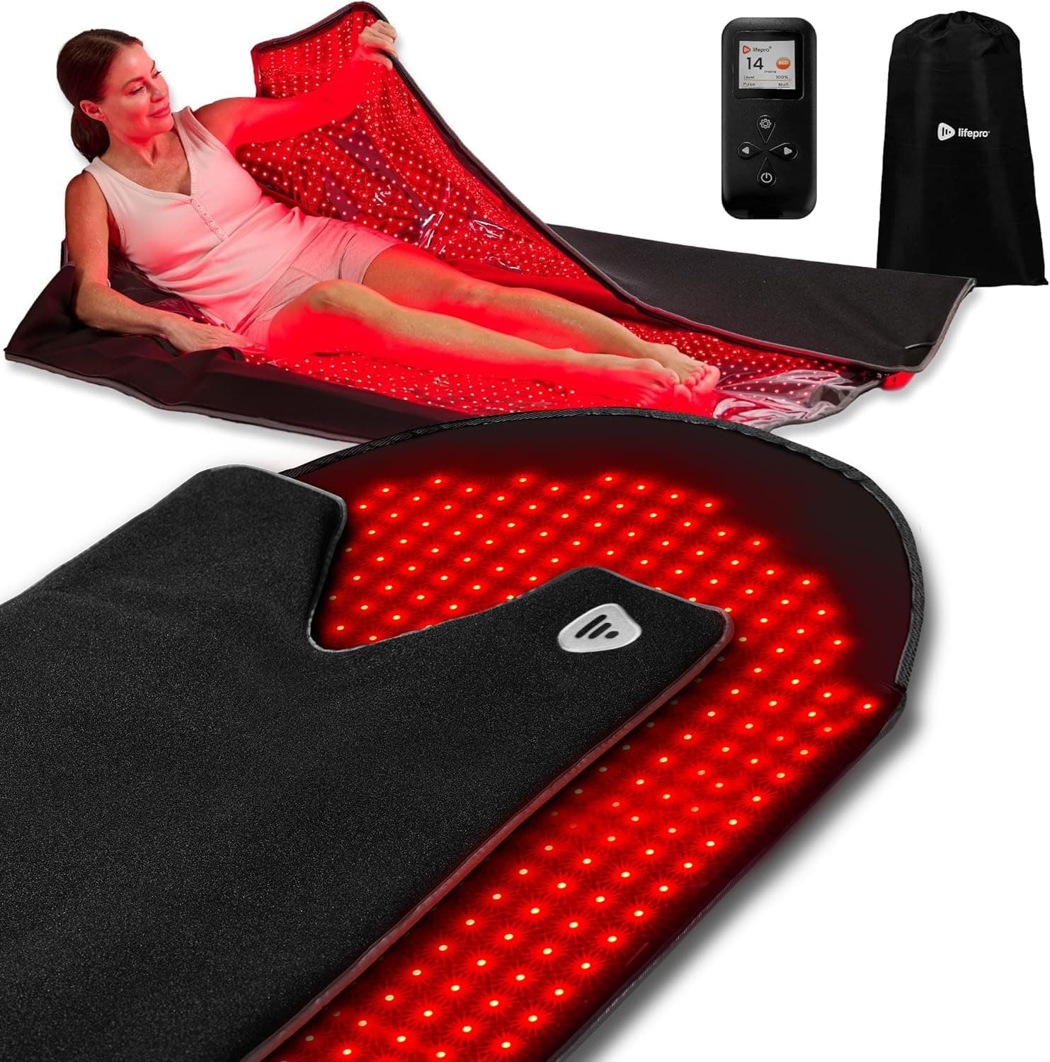 LifePro - AllevaBody Red Light Therapy Wrap - 2320 LEDs, 660nm & 850nm Full-Body Infrared Mat with Pulsed Modes - Black