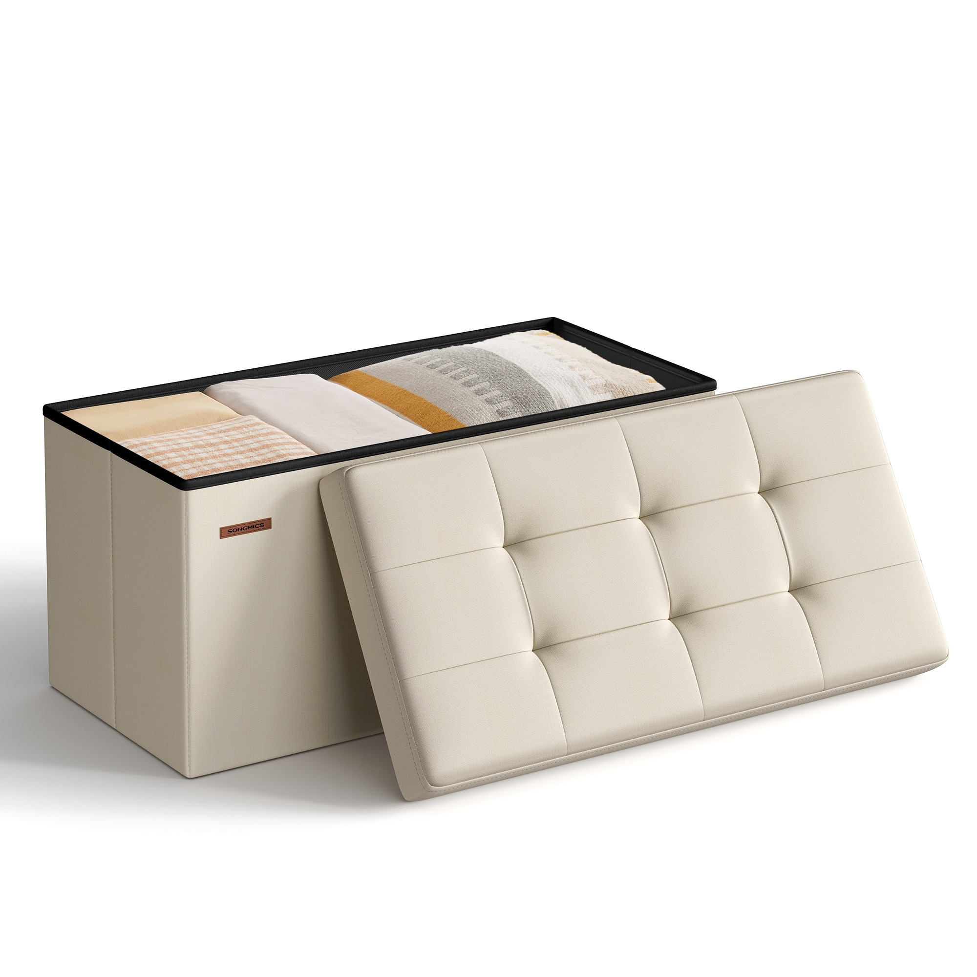 Songmics Home - 30 Inches Folding Storage Ottoman Bench, Storage Chest, Foot Rest Stool - Cream White