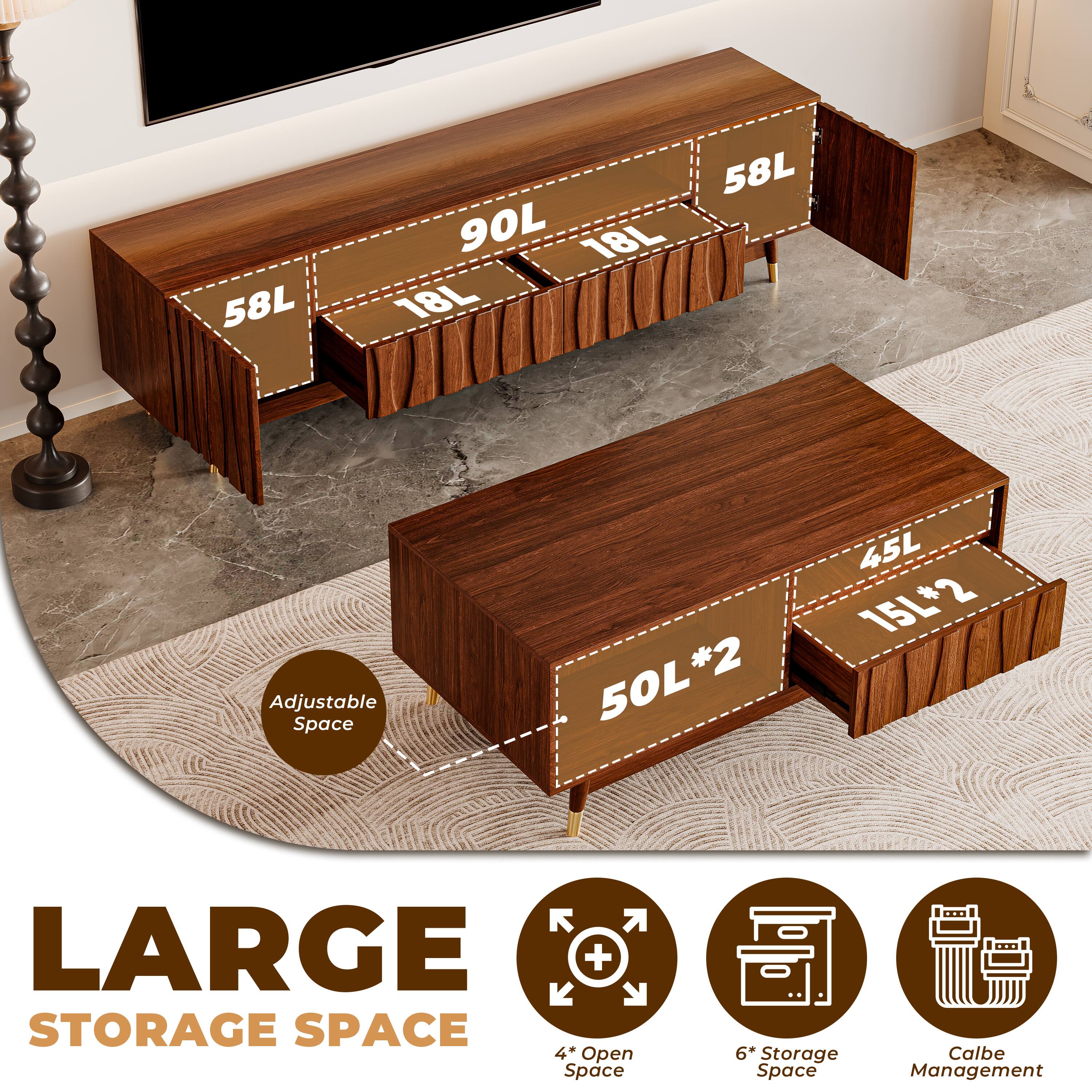 58L 58L 70L 18L 18L Adjustable Space 50L*2 45L 15L*2  
LARGE STORAGE SPACE  
4* Open Space 6+ Storage Space Cable Management