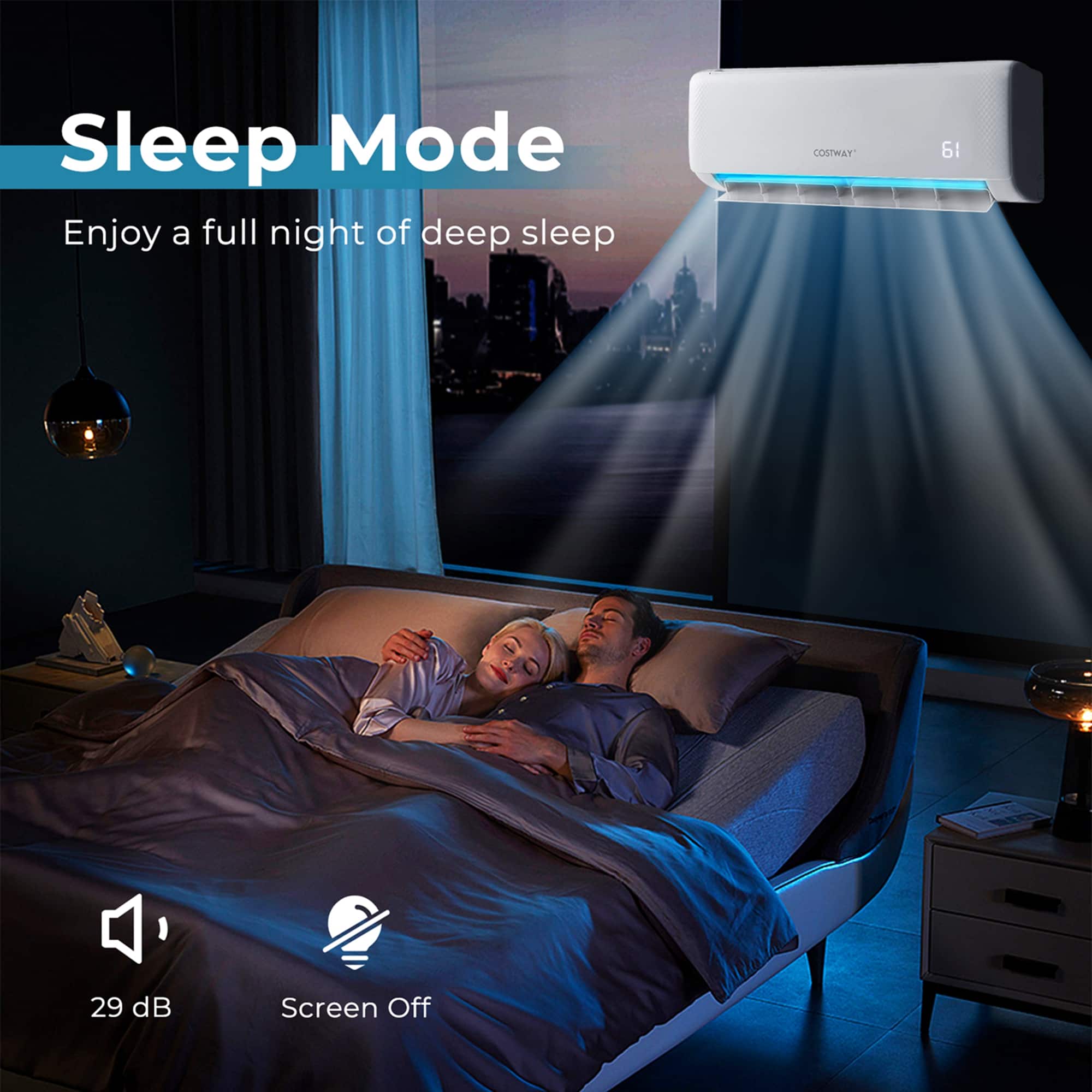 Sleep Mode: Enjoy a full night of deep sleep with the Costway 61 29 dB Screen Off.