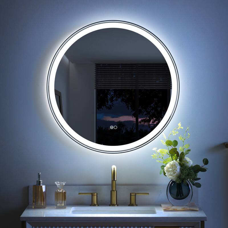 Left. WELLFOR - 28 in Framed Round LED Bathroom Mirror, Anti-Fog Wall-Mounted Vanity Mirror with Dimmable& Memory Function - Matte Black.