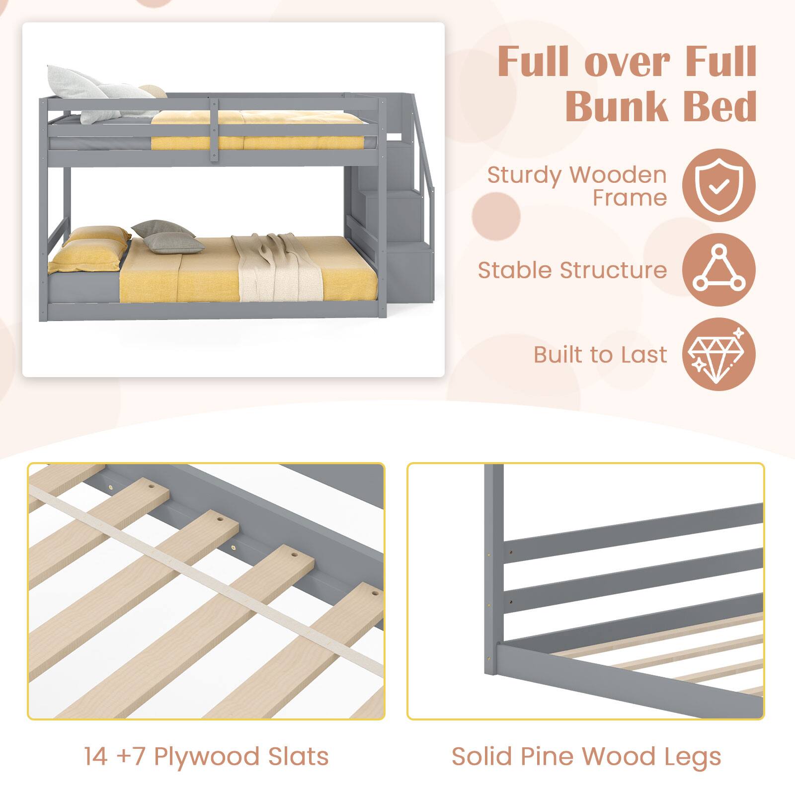 Full over Full Bunk Bed

- Sturdy Wooden Frame
- Stable Structure
- Built to Last

14 + 7 Plywood Slats

Solid Pine Wood Legs