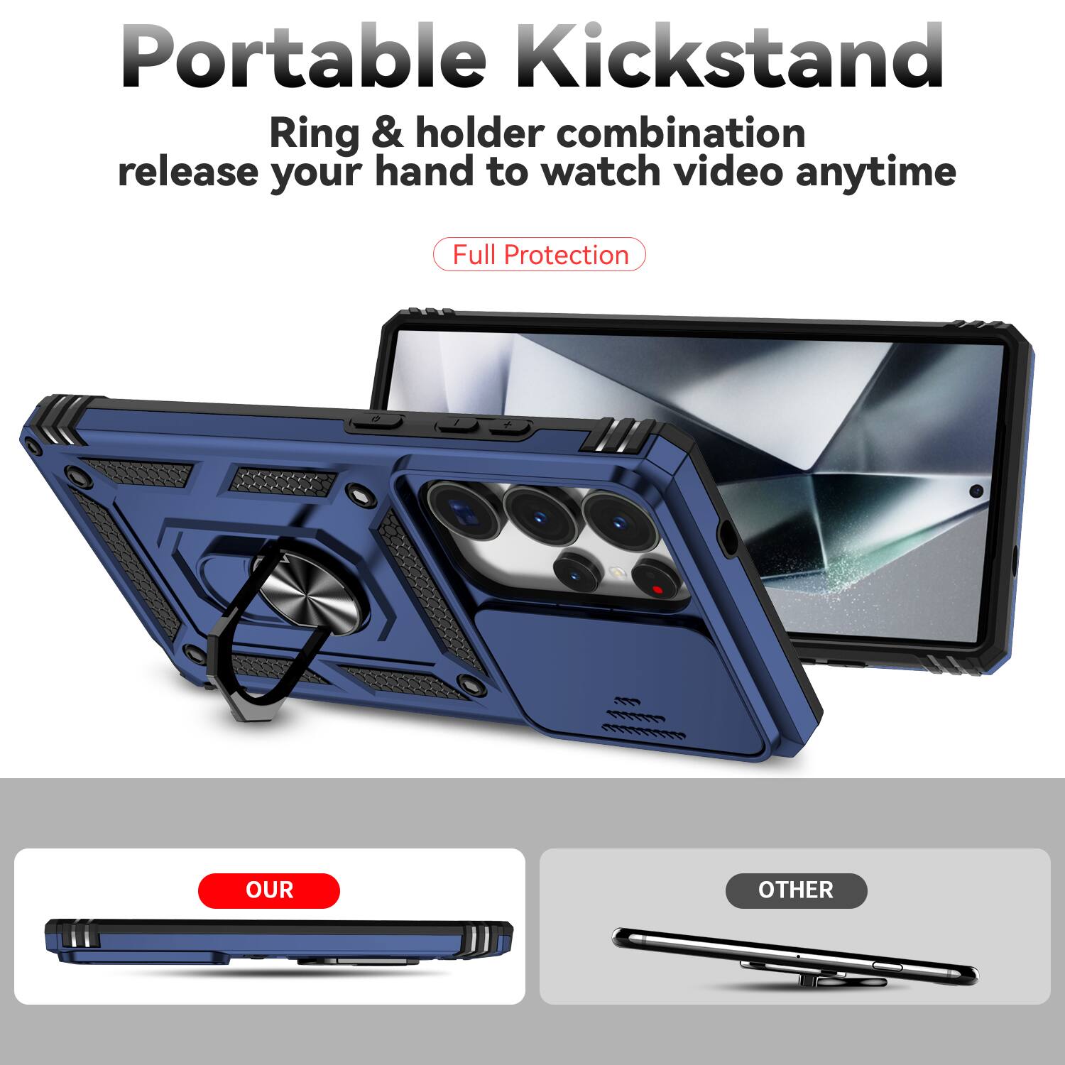 Portable Kickstand  
Ring & holder combination release your hand to watch video anytime  
Full Protection  

OUR  
OTHER