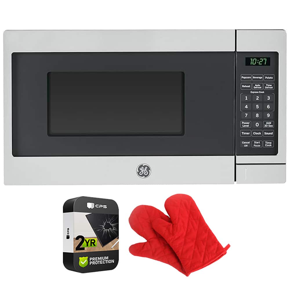 GE - Countertop Microwave Oven 700 W 0.7 Cu Ft Steel + 2 Year Warranty & Oven Mitt Bundle - Stainless Steel