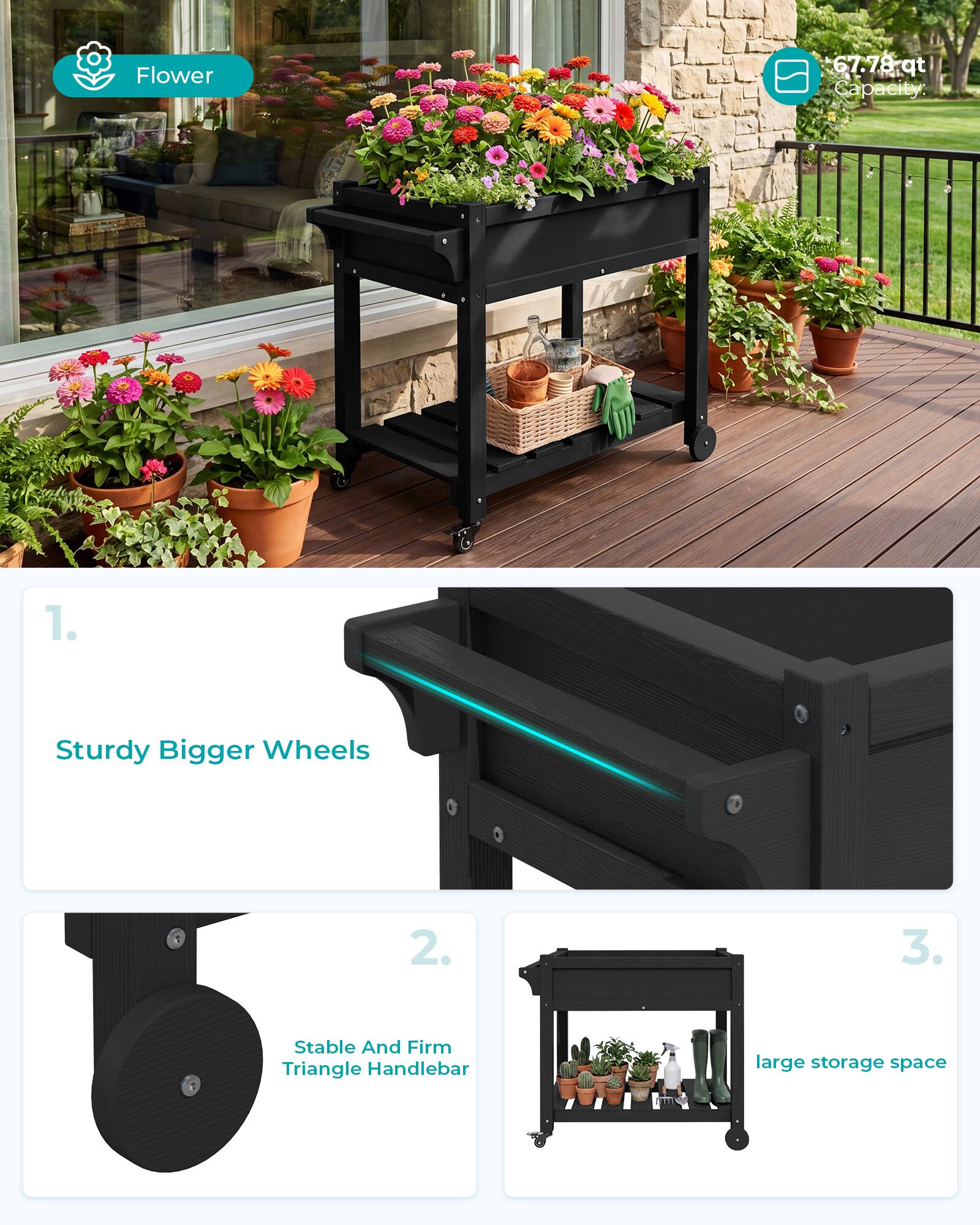 Flower

67.78qt Capacity

1. Sturdy Bigger Wheels
2. Stable And Firm Triangle Handlebar
3. Large Storage Space