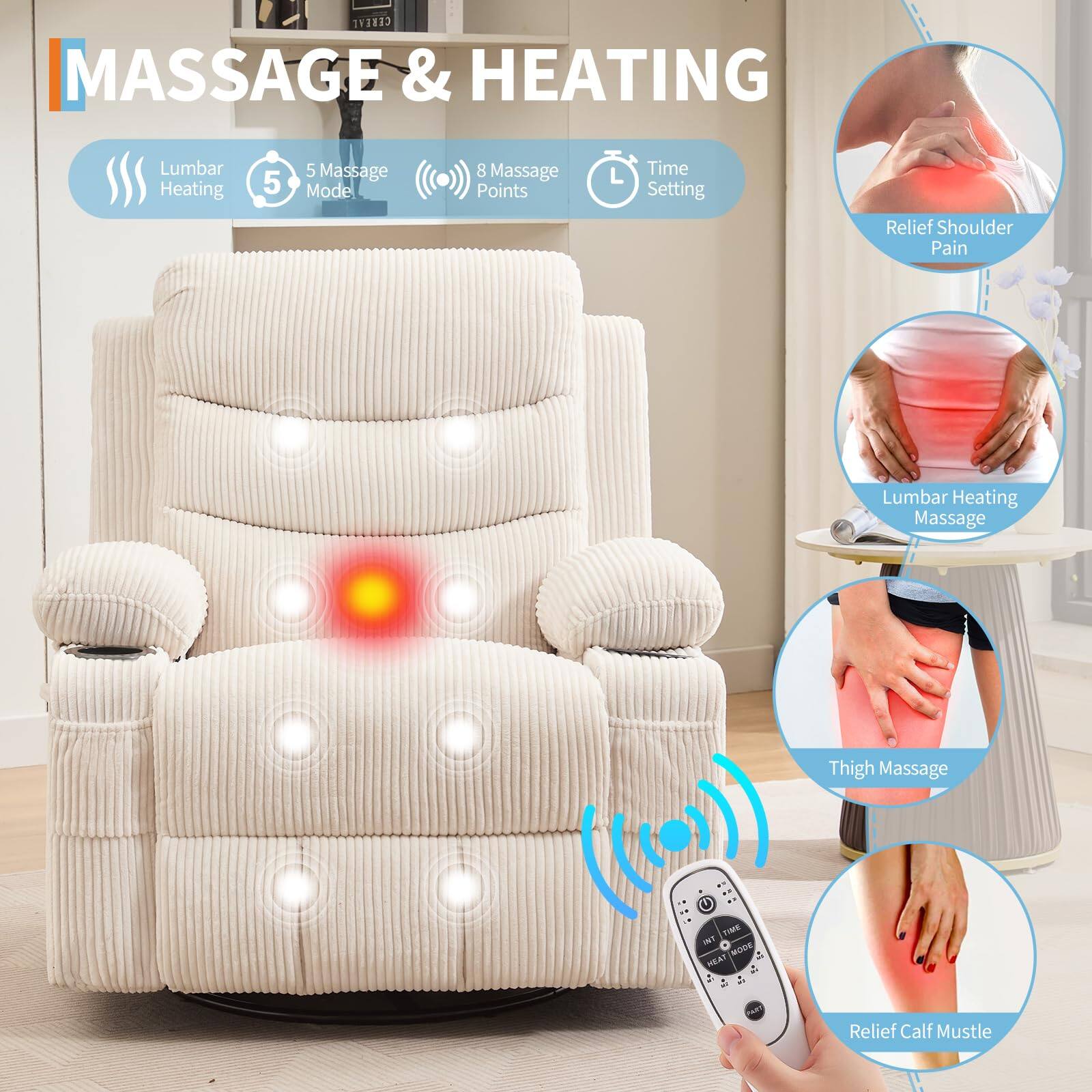 MASSAGE & HEATING

- Lumbar Heating
- 5 Massage Mode
- 8 Massage Points
- Time Setting

Relief Shoulder Pain
Lumbar Heating Massage
Thigh Massage
Relief Calf Muscle