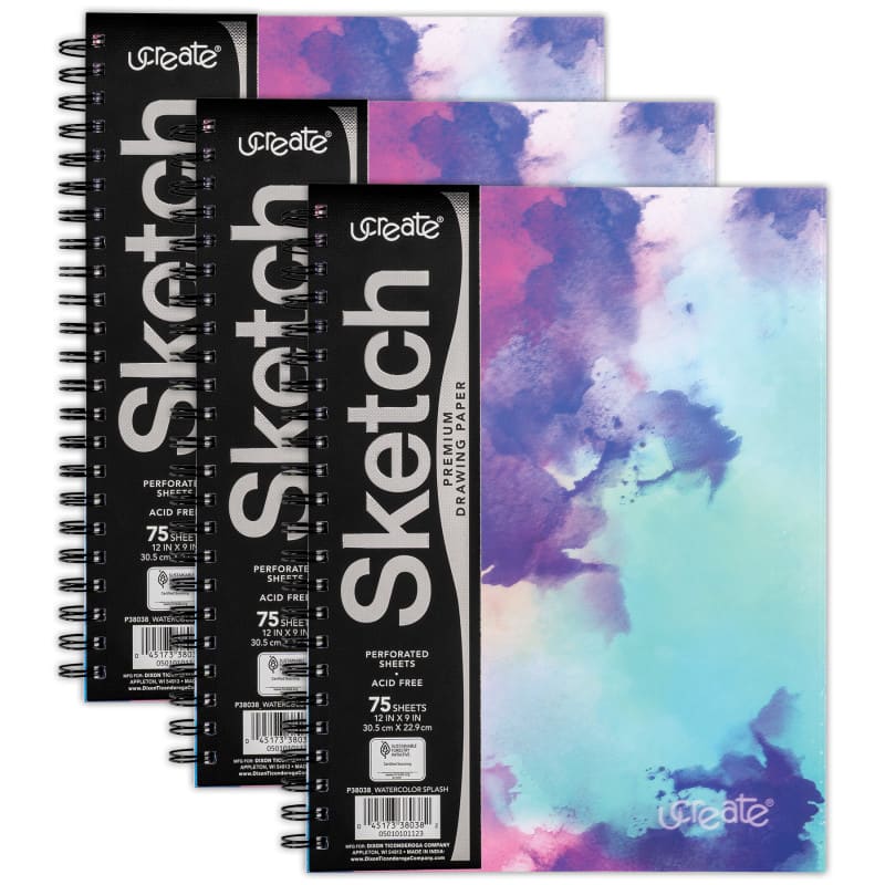 "uCreate - Fashion Poly Sketch Book, Watercolor Splash, Unruled, 12"" x 9"", Pack of 3" price history on PriceWatchPro